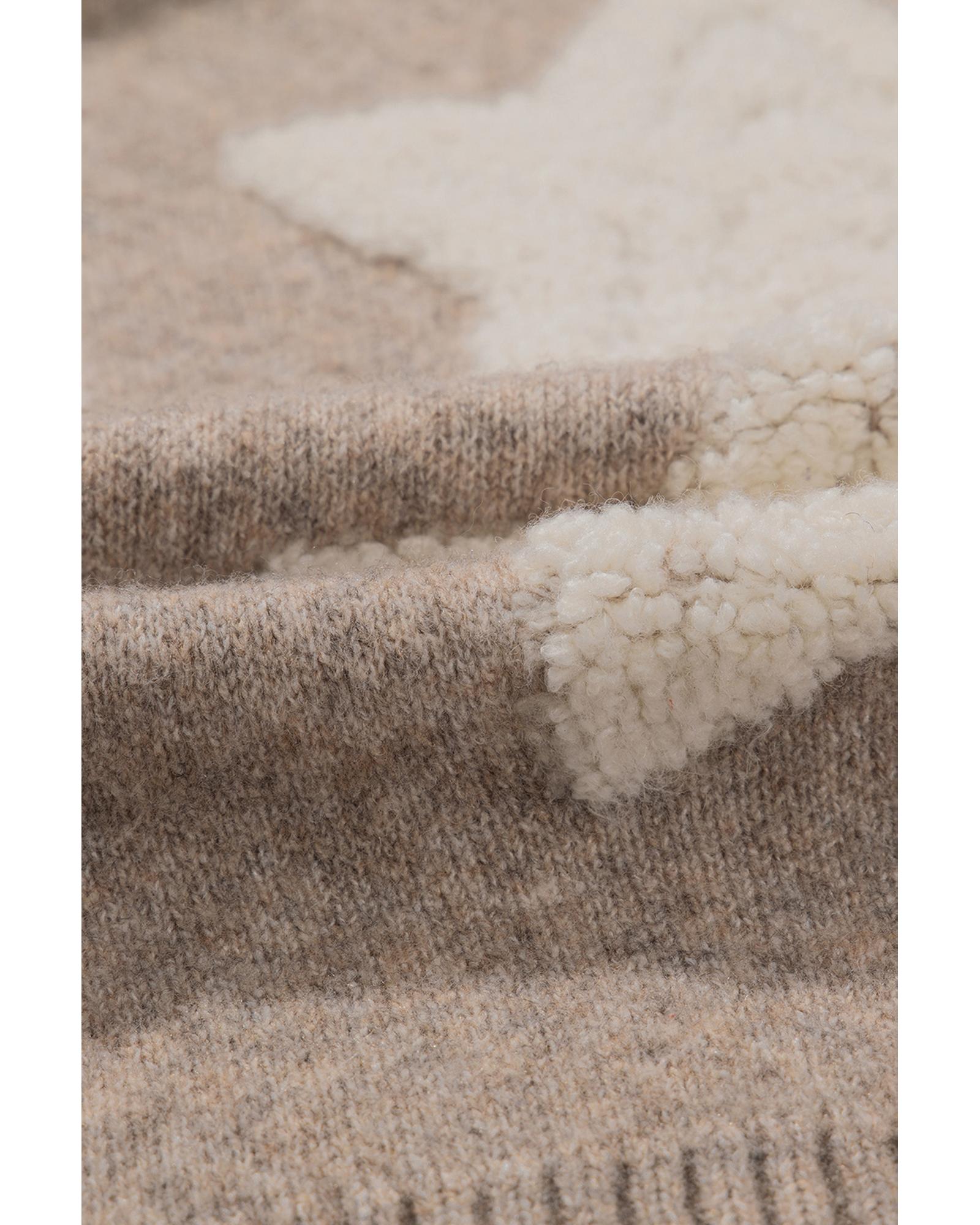Khaki Sherpa Star Pattern Textured Sweater Cardigan with Pockets - M