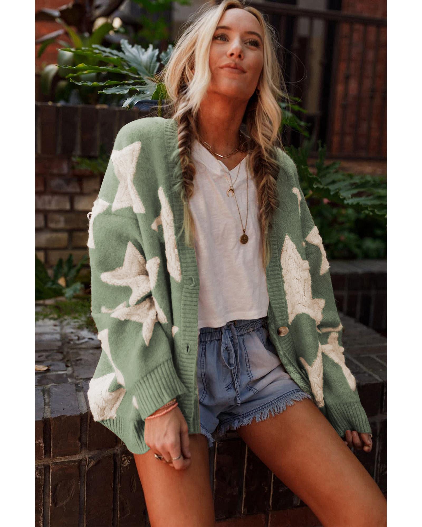 Green Sherpa Star Pattern Textured Sweater Cardigan with Pockets - L