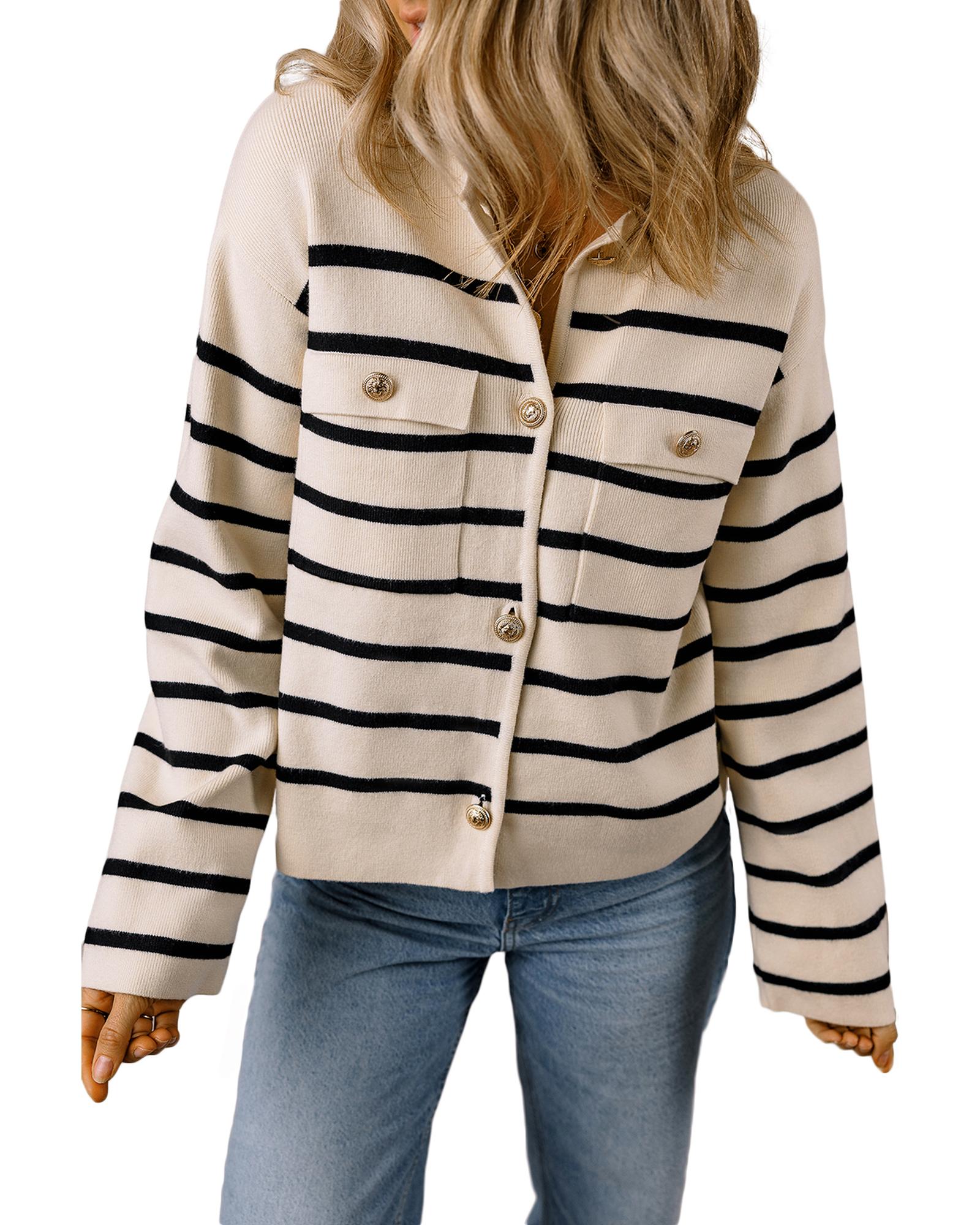 Black Stripe Flap Pocket Buttoned Cardigan Sweater - M