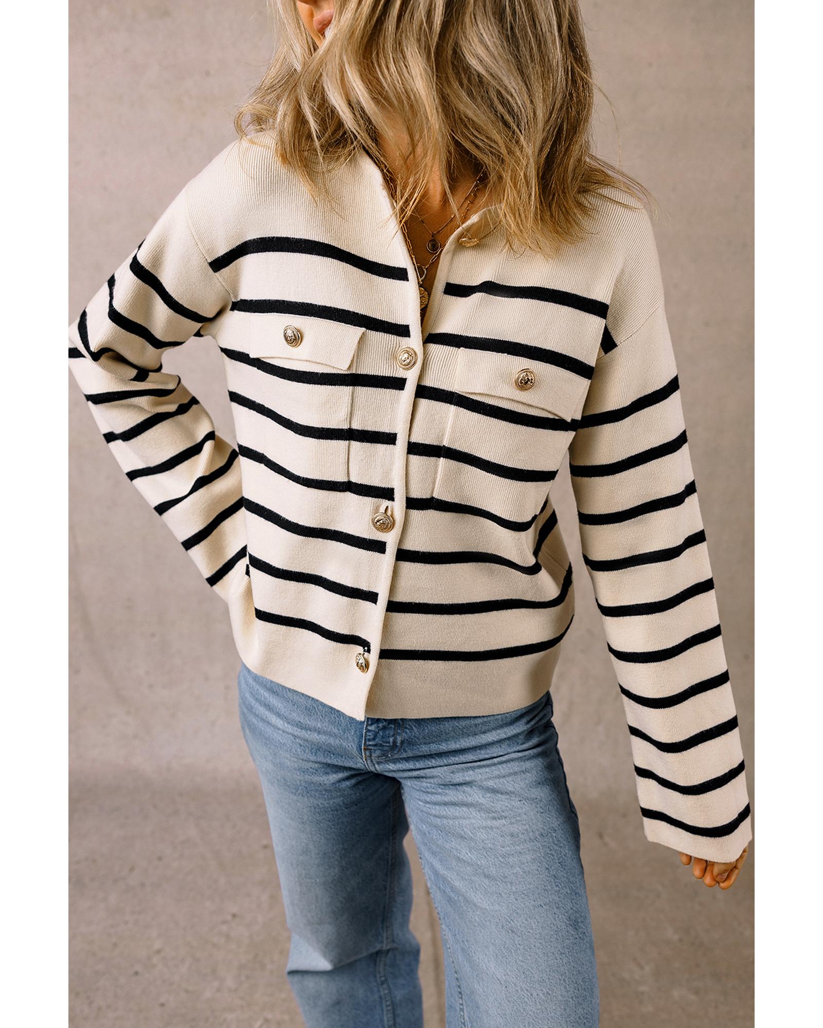 Black Stripe Flap Pocket Buttoned Cardigan Sweater - M