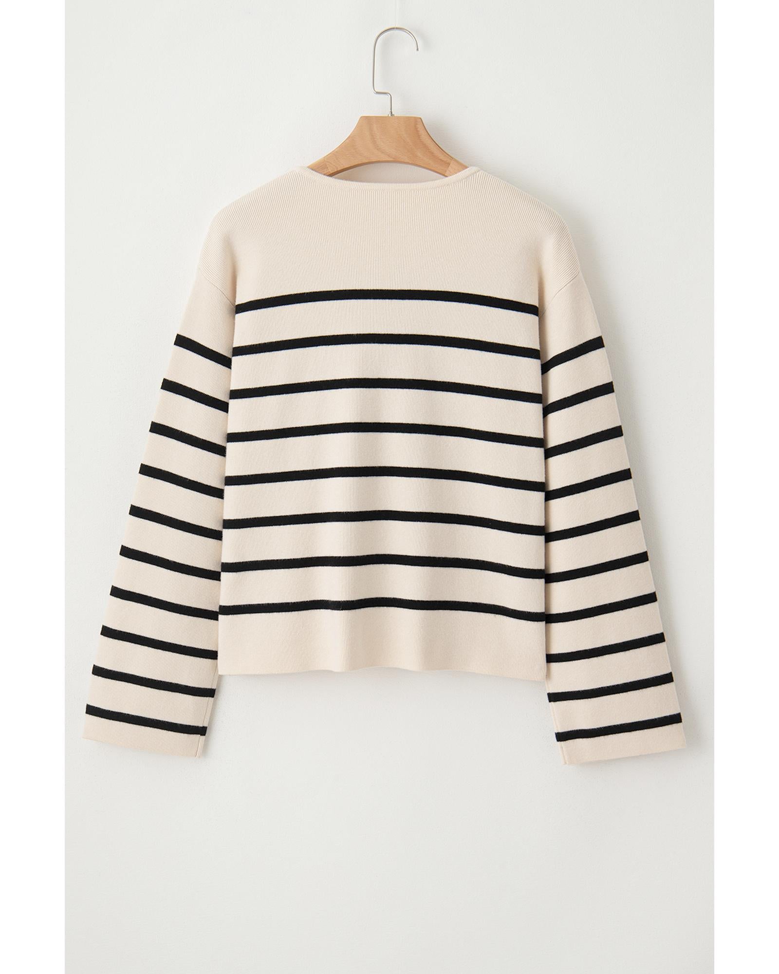 Black Stripe Flap Pocket Buttoned Cardigan Sweater - M