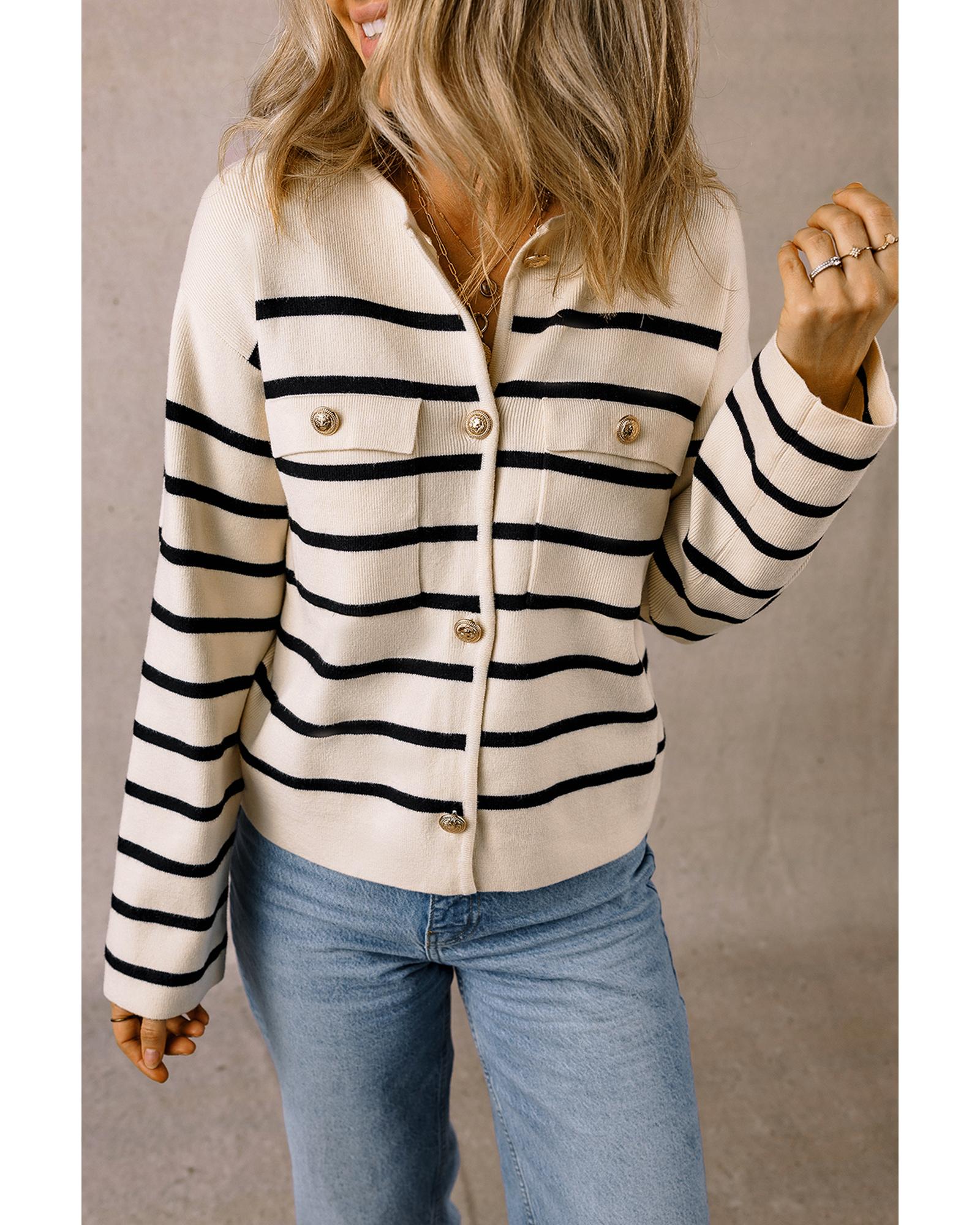 Black Stripe Flap Pocket Buttoned Cardigan Sweater - M