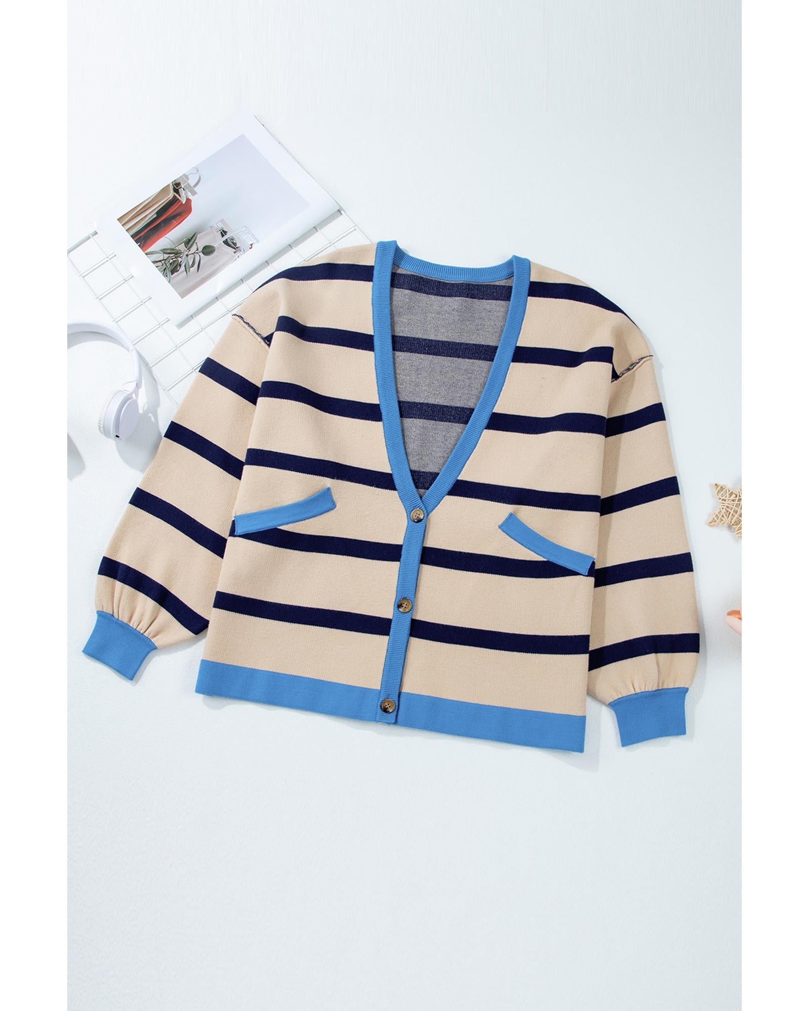 White Colorblock Drop Shoulder Buttoned Loose Cardigan - M