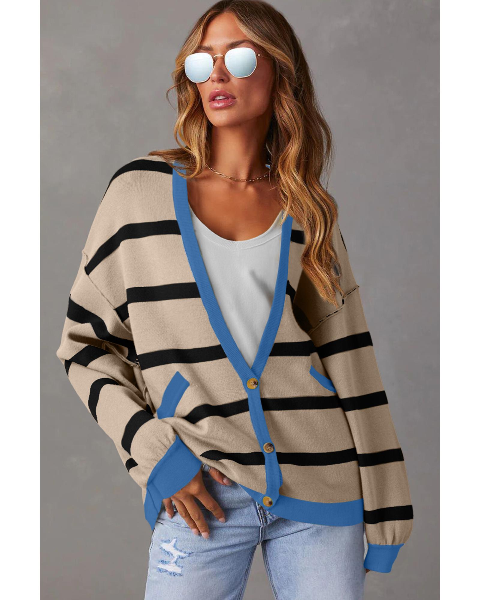 White Colorblock Drop Shoulder Buttoned Loose Cardigan - M