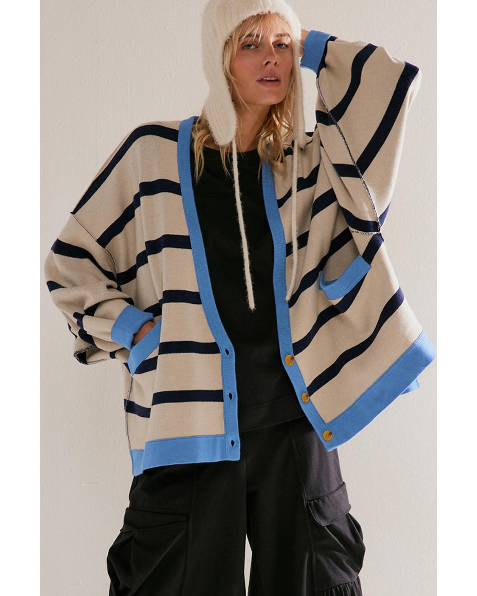 White Colorblock Drop Shoulder Buttoned Loose Cardigan - XL