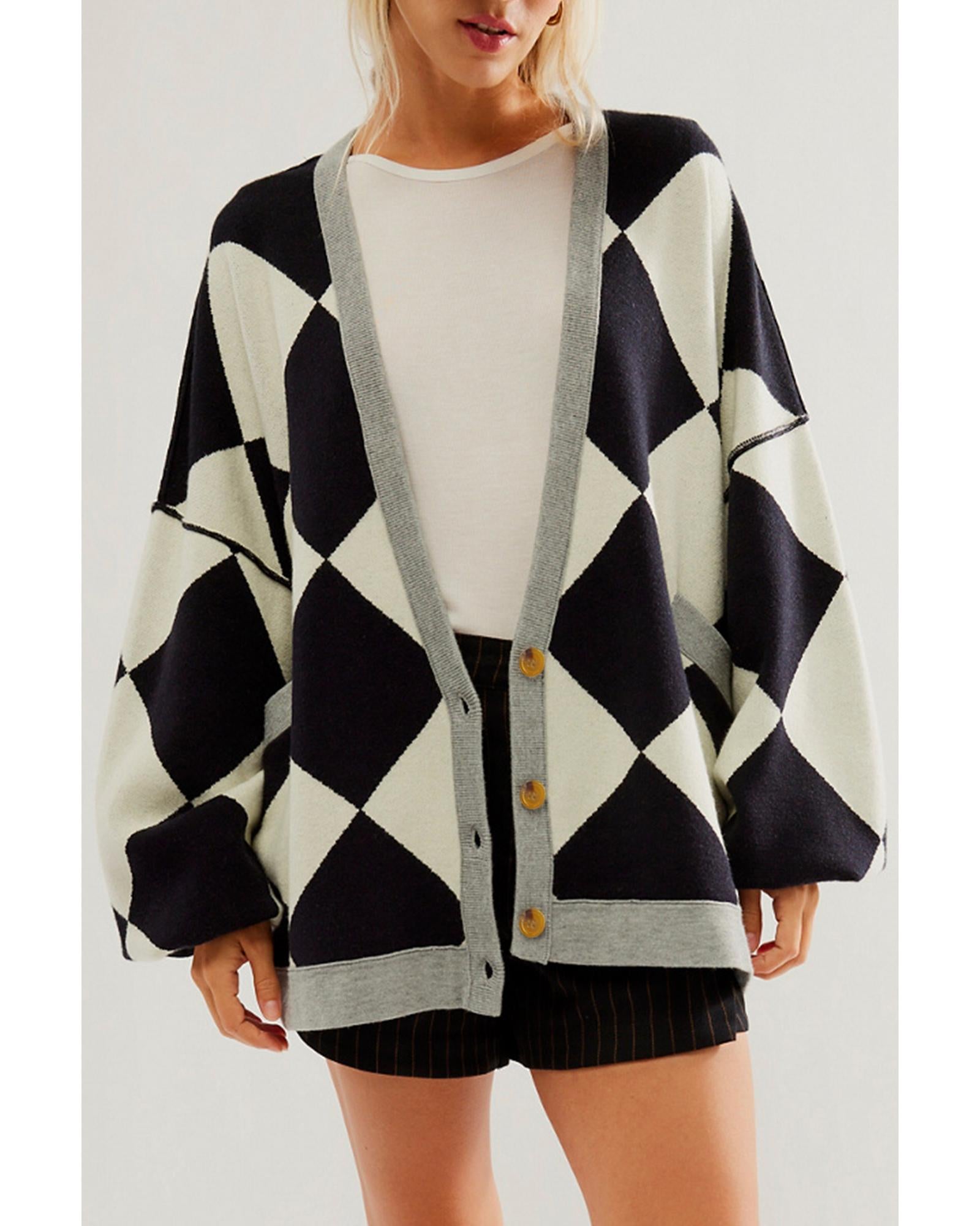 Black Colorblock Drop Shoulder Buttoned Loose Cardigan - M