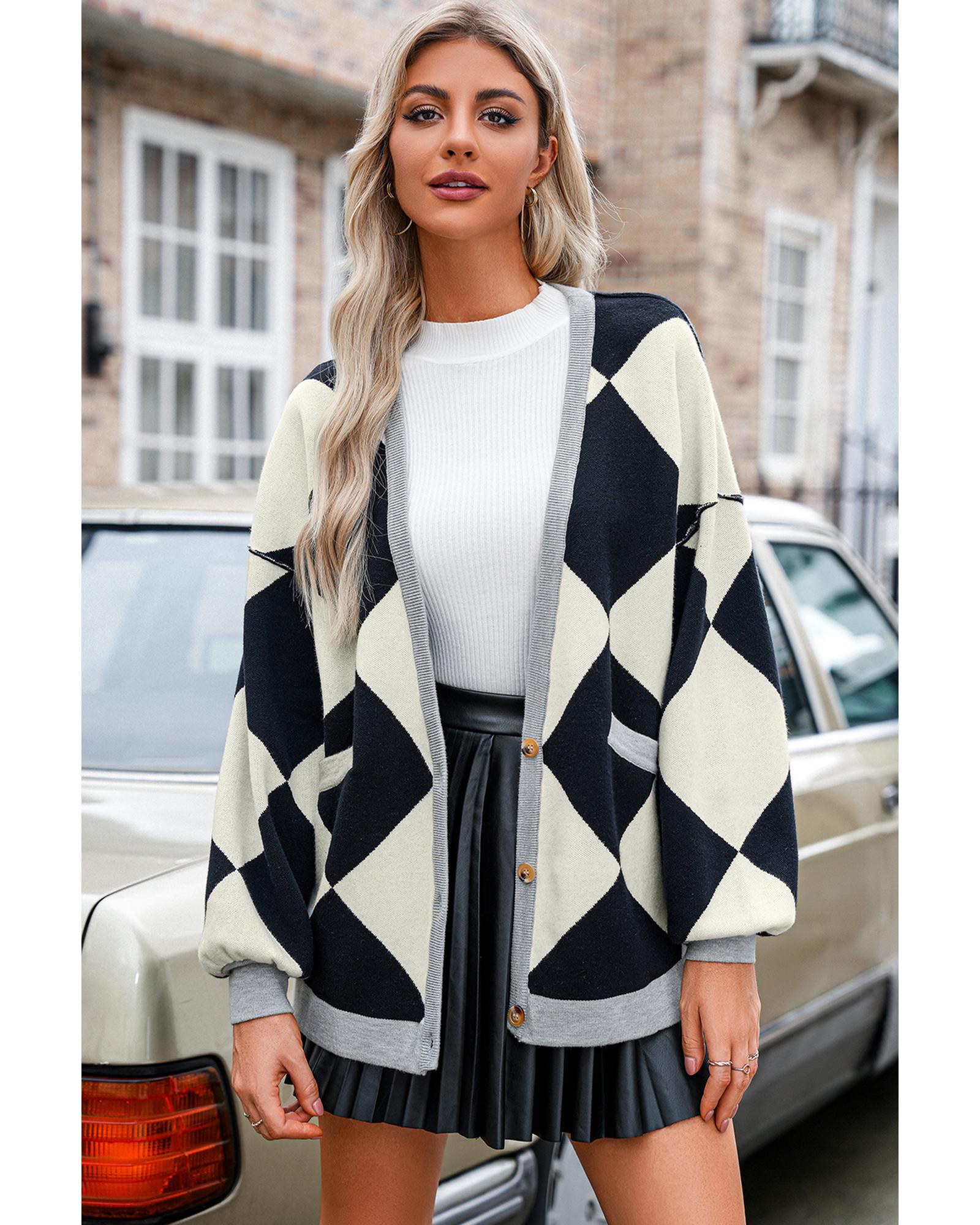Black Colorblock Drop Shoulder Buttoned Loose Cardigan - S