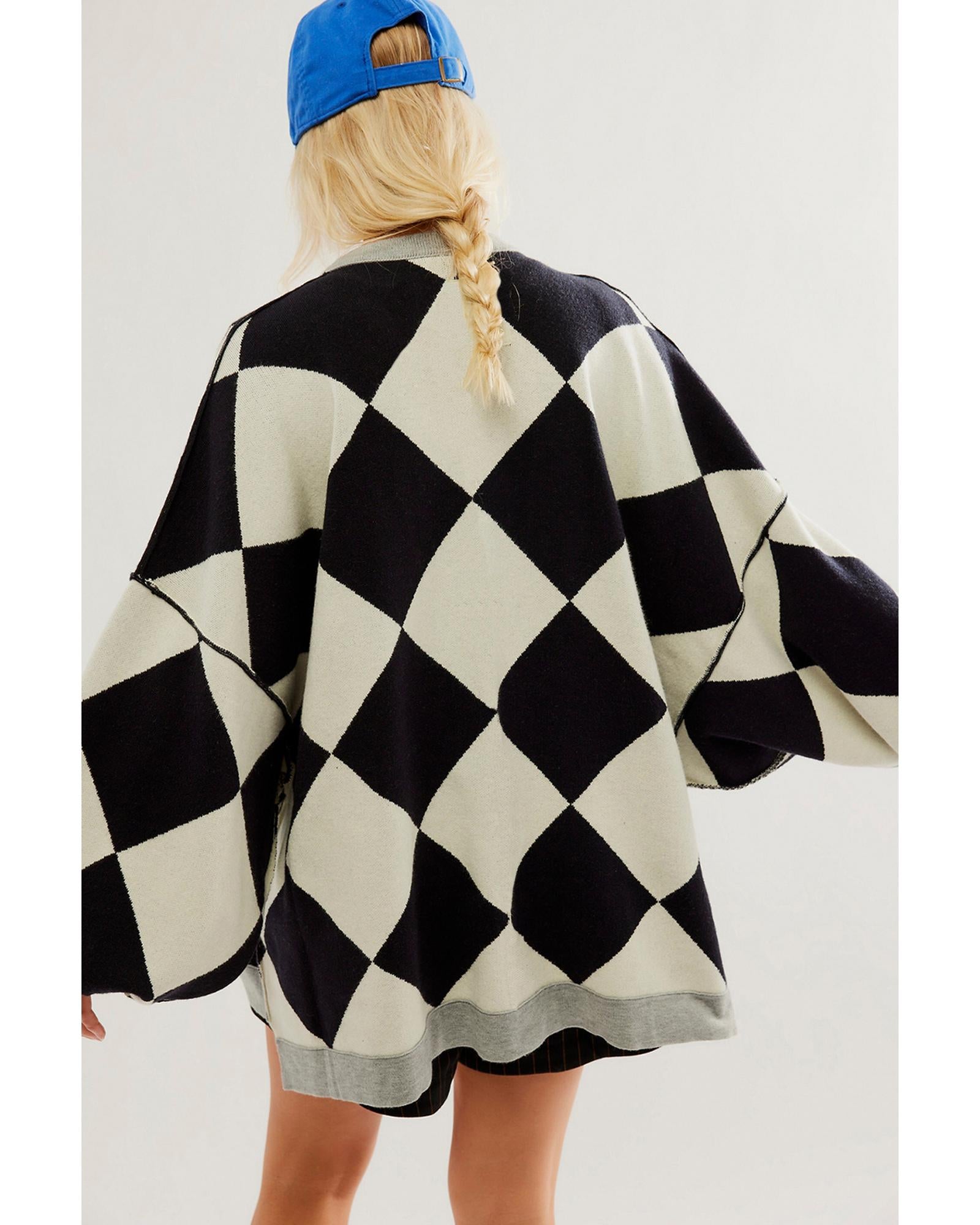 Black Colorblock Drop Shoulder Buttoned Loose Cardigan - XL