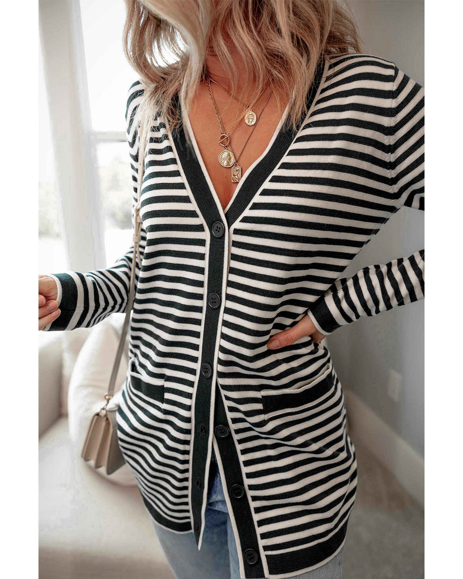 Black Stripe Long Sleeve Button up Tunic Cardigan - 2XL