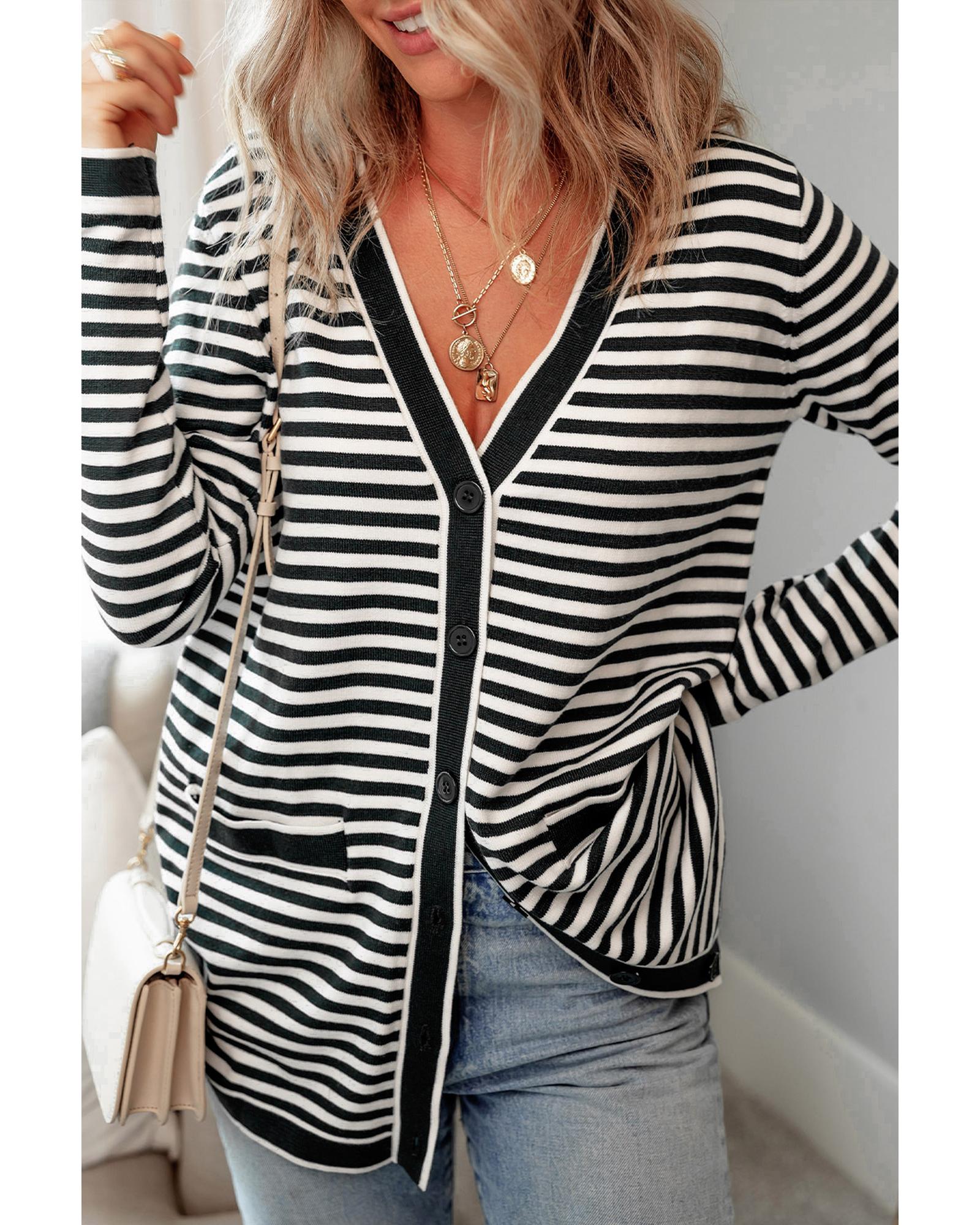 Black Stripe Long Sleeve Button up Tunic Cardigan - 2XL