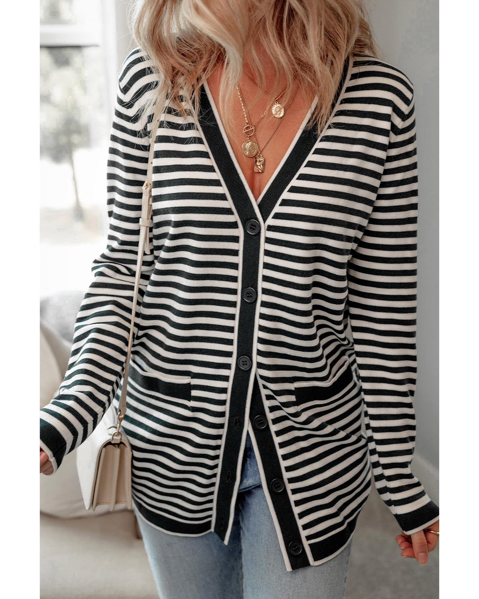 Black Stripe Long Sleeve Button up Tunic Cardigan - XL
