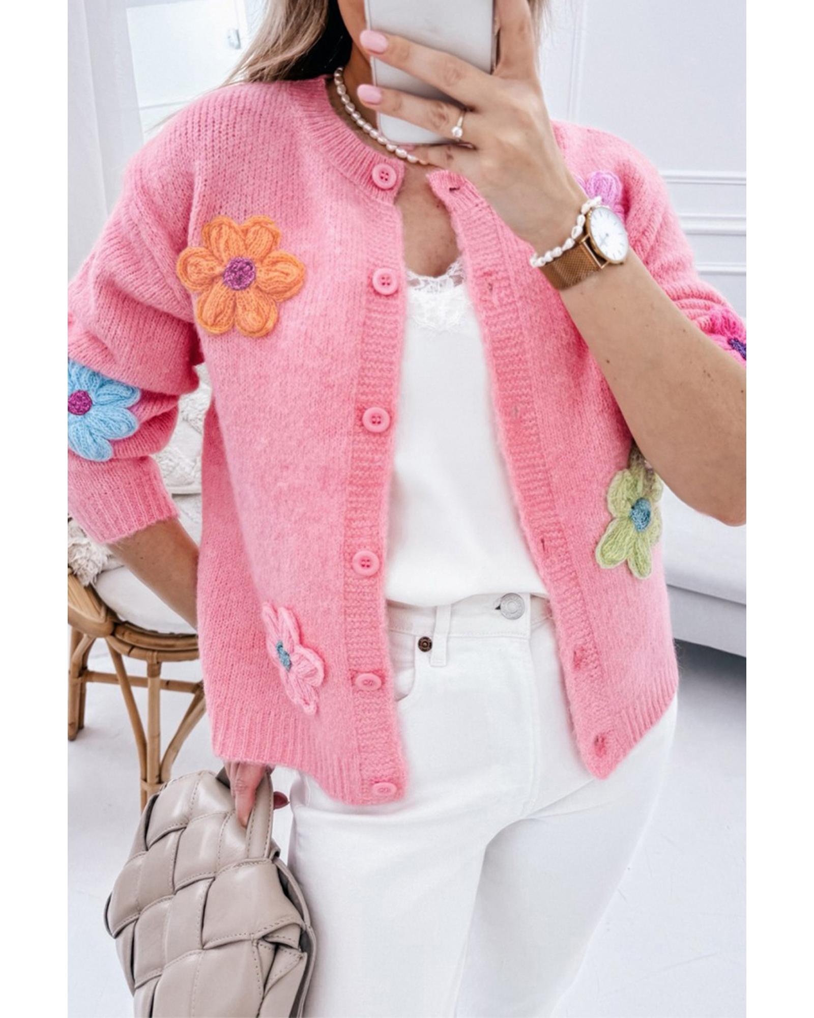 Pink Cute Knitted Floral Pattern Button Up Cardigan - L