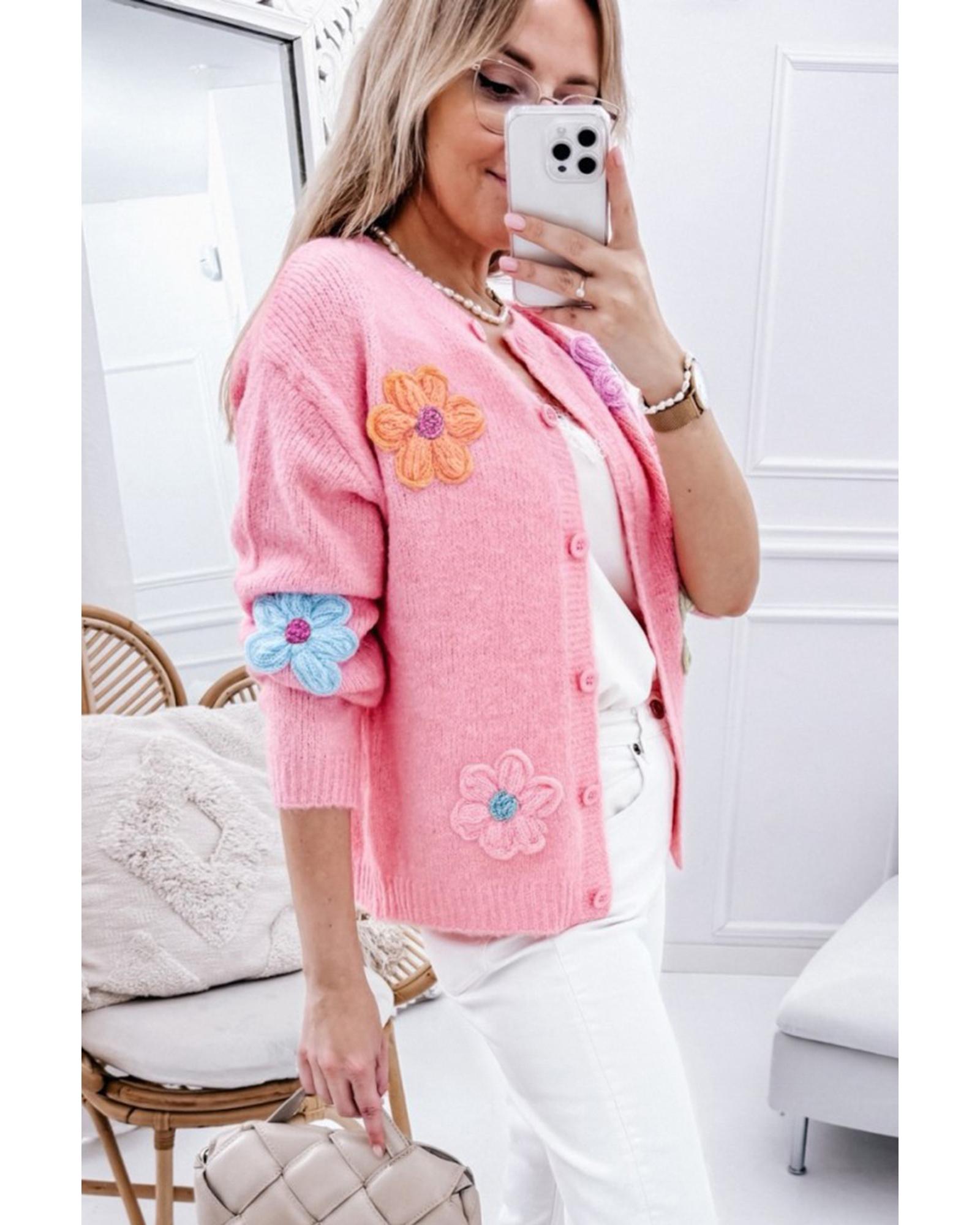 Pink Cute Knitted Floral Pattern Button Up Cardigan - M