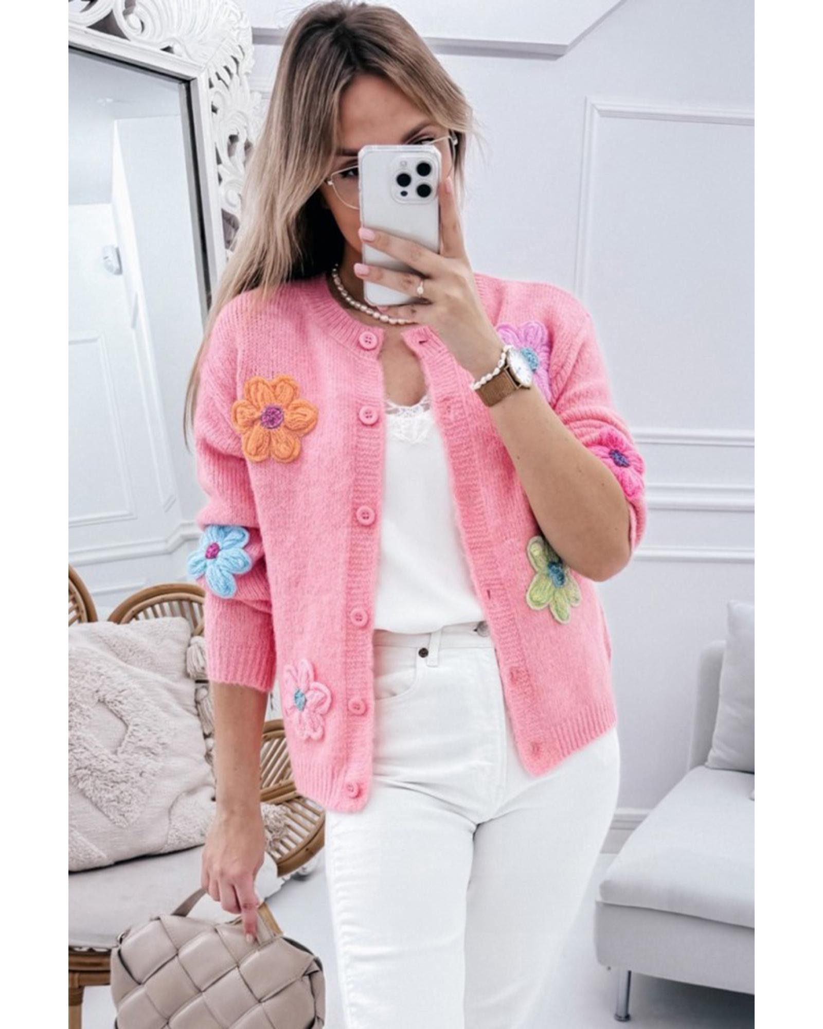 Pink Cute Knitted Floral Pattern Button Up Cardigan - M