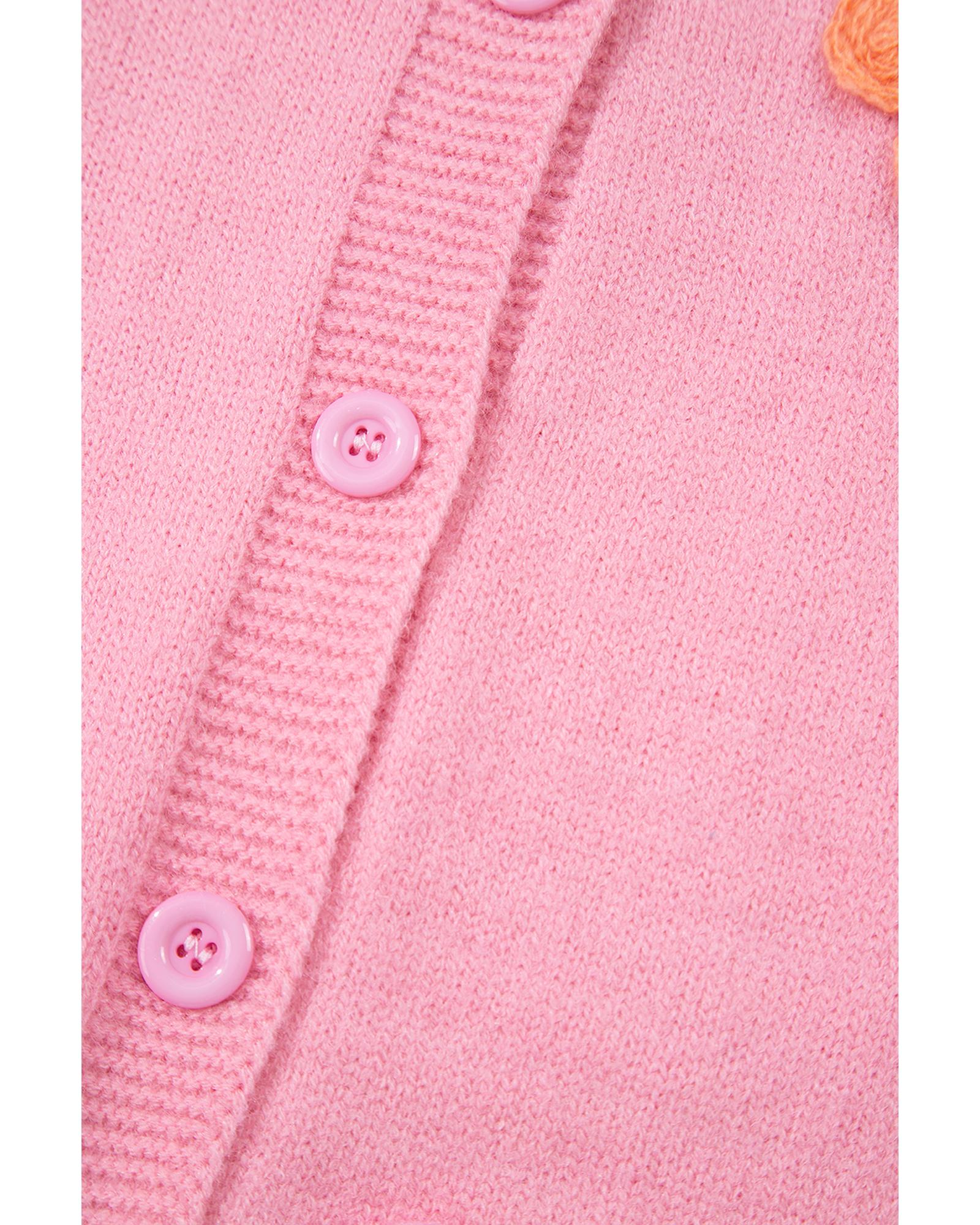 Pink Cute Knitted Floral Pattern Button Up Cardigan - M