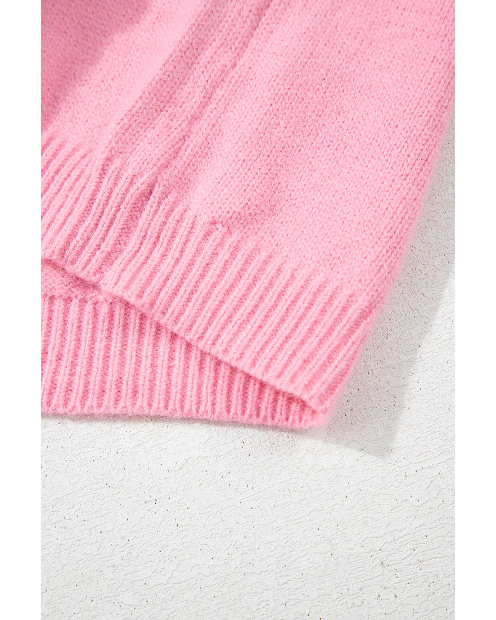 Pink Cute Knitted Floral Pattern Button Up Cardigan - M