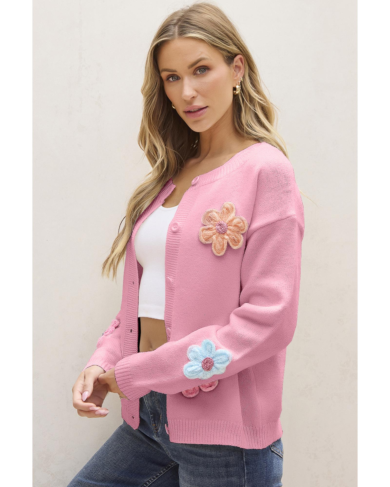 Pink Cute Knitted Floral Pattern Button Up Cardigan - M