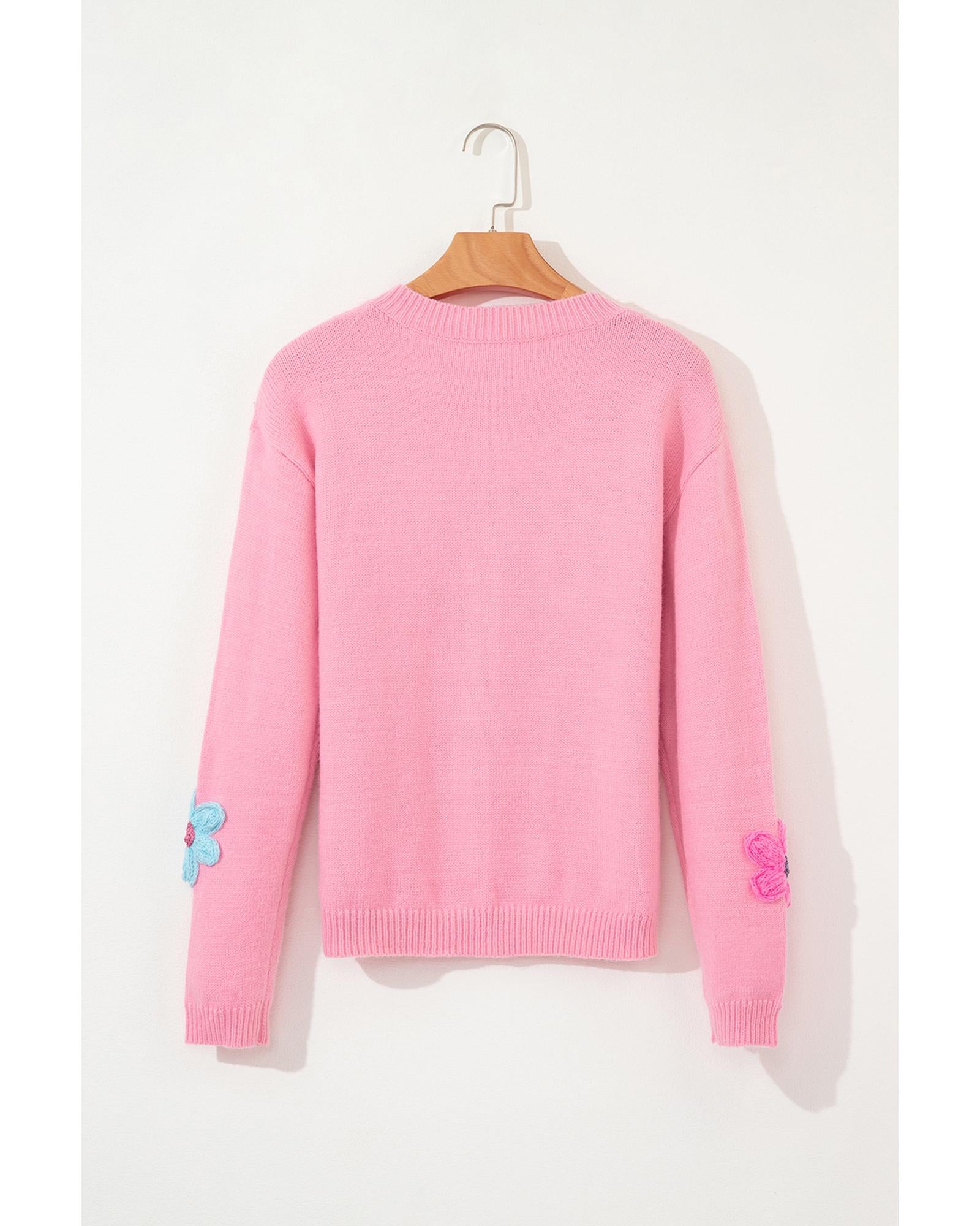 Pink Cute Knitted Floral Pattern Button Up Cardigan - M