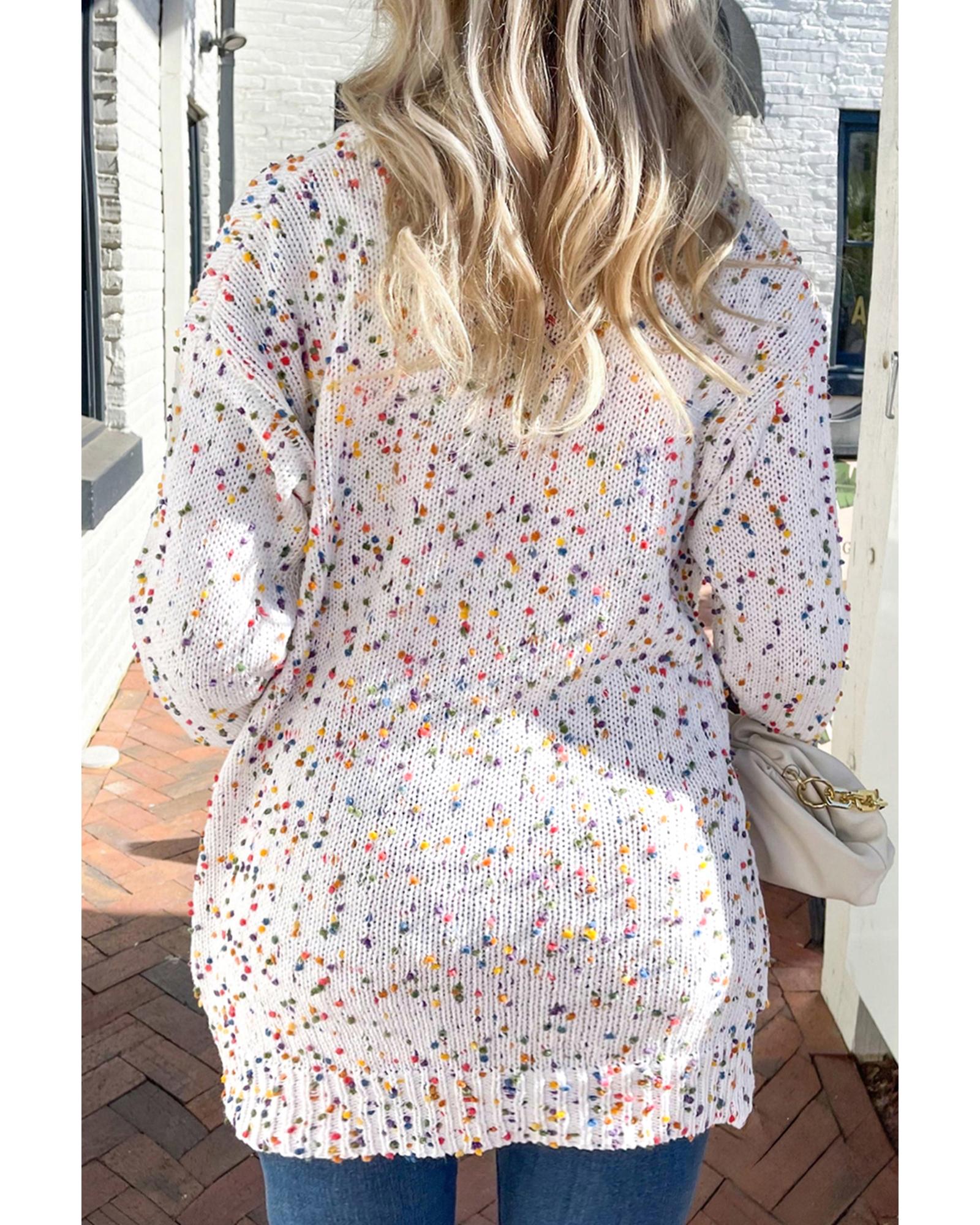 White Confetti Rib Knit Long Sleeve Cardigan - M