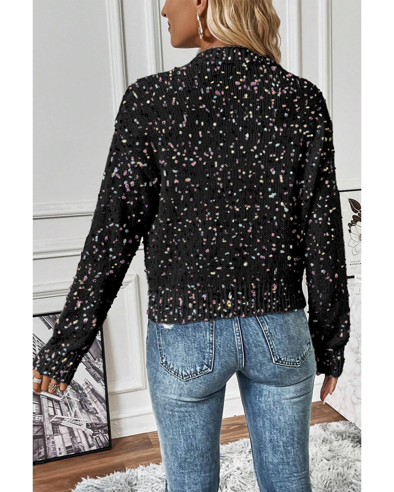 Black Rhinestone Decor Multicolor Confetti Sweater Cardigan - L