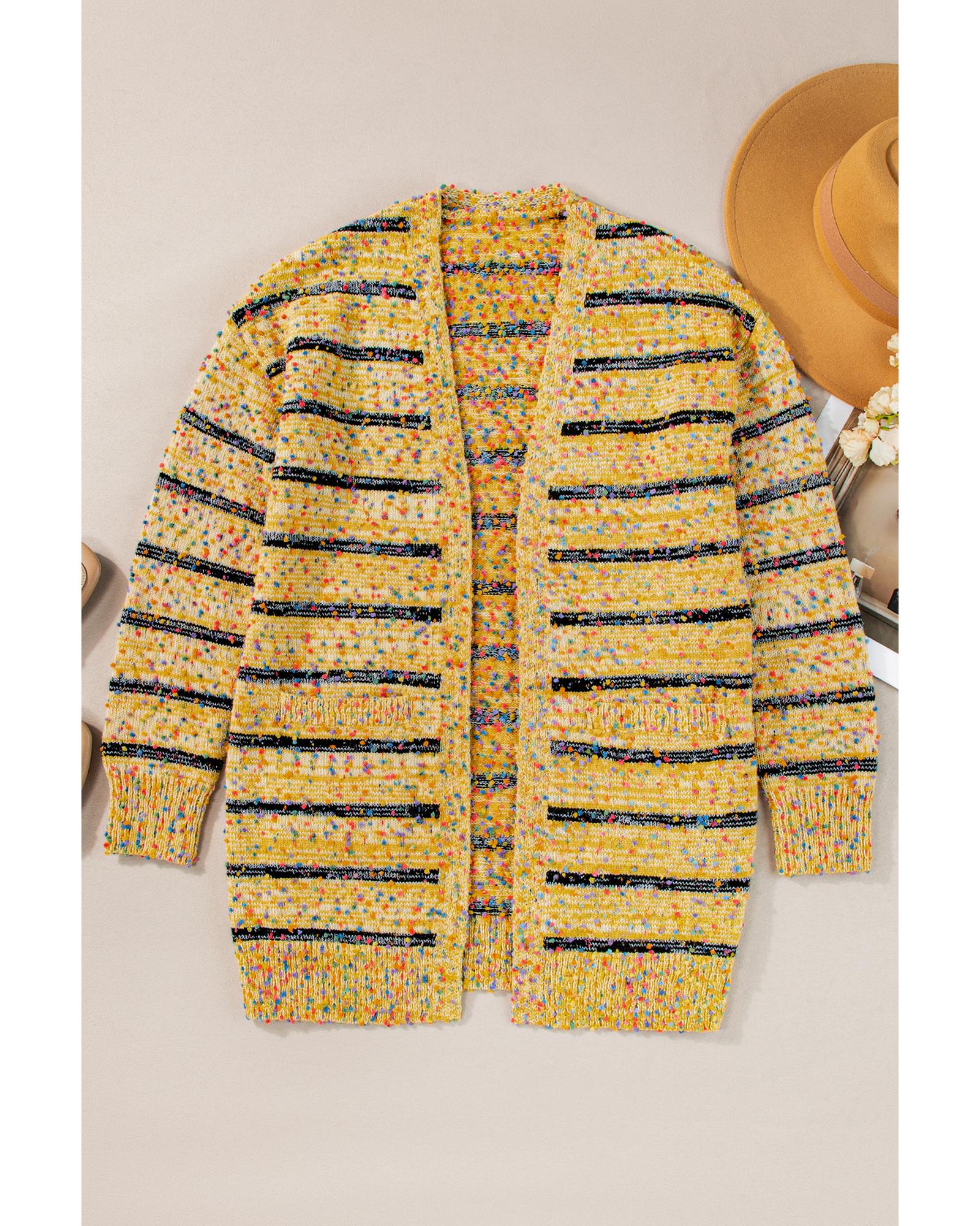Beige Striped Pom Pom Knit Open Front Long Cardigan - L