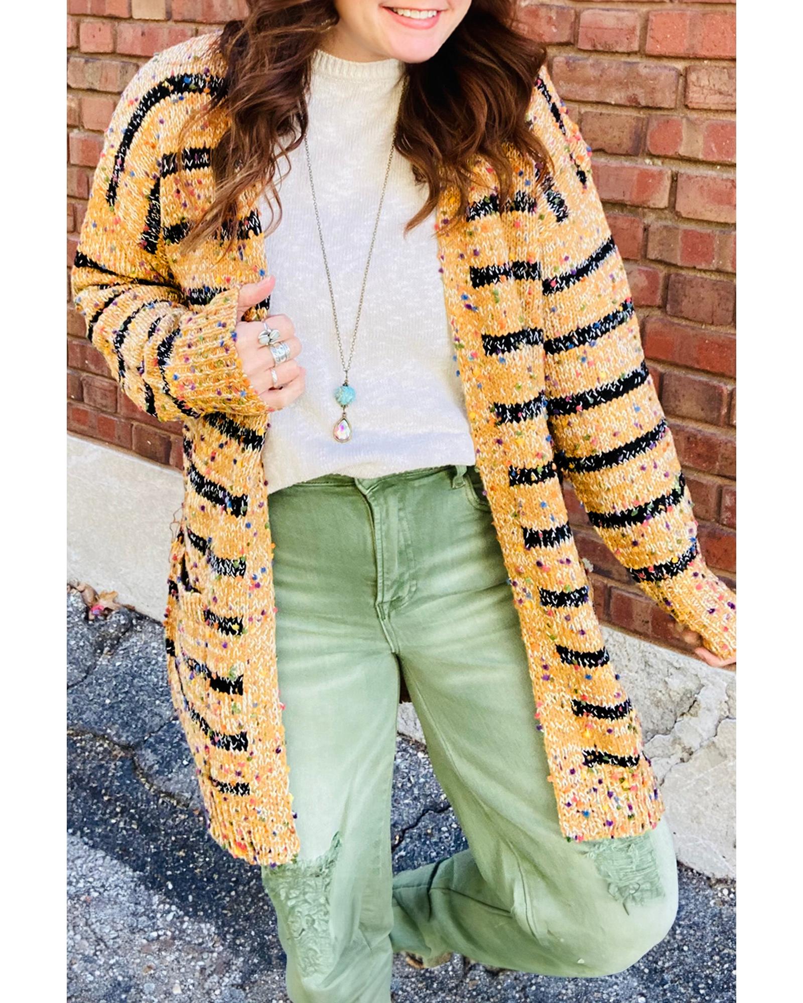 Beige Striped Pom Pom Knit Open Front Long Cardigan - L