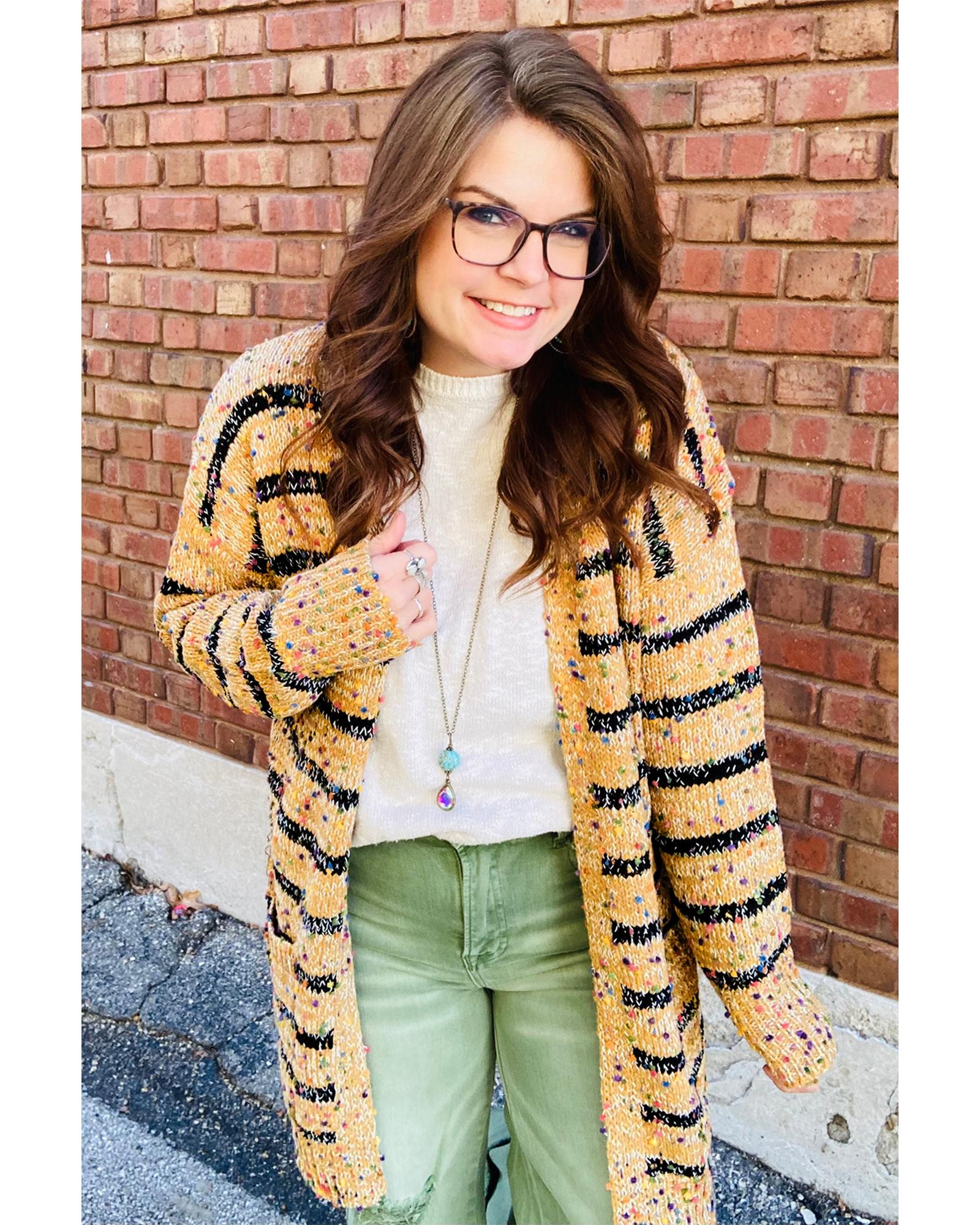 Beige Striped Pom Pom Knit Open Front Long Cardigan - L