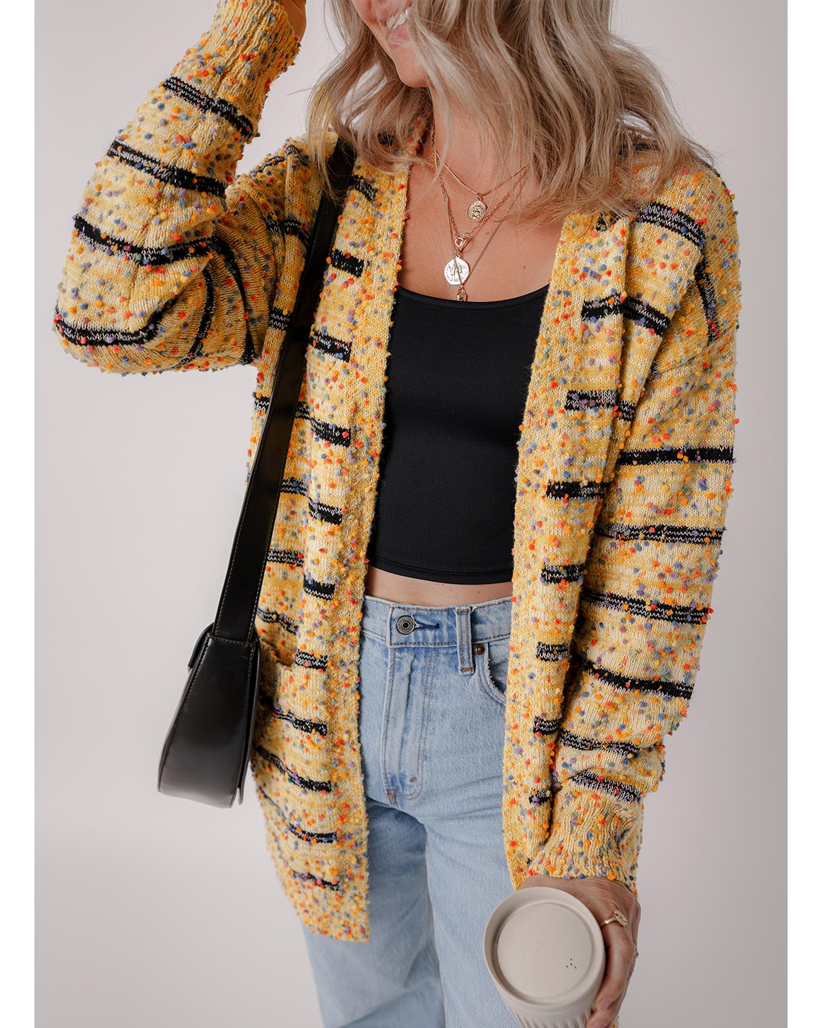 Beige Striped Pom Pom Knit Open Front Long Cardigan - L