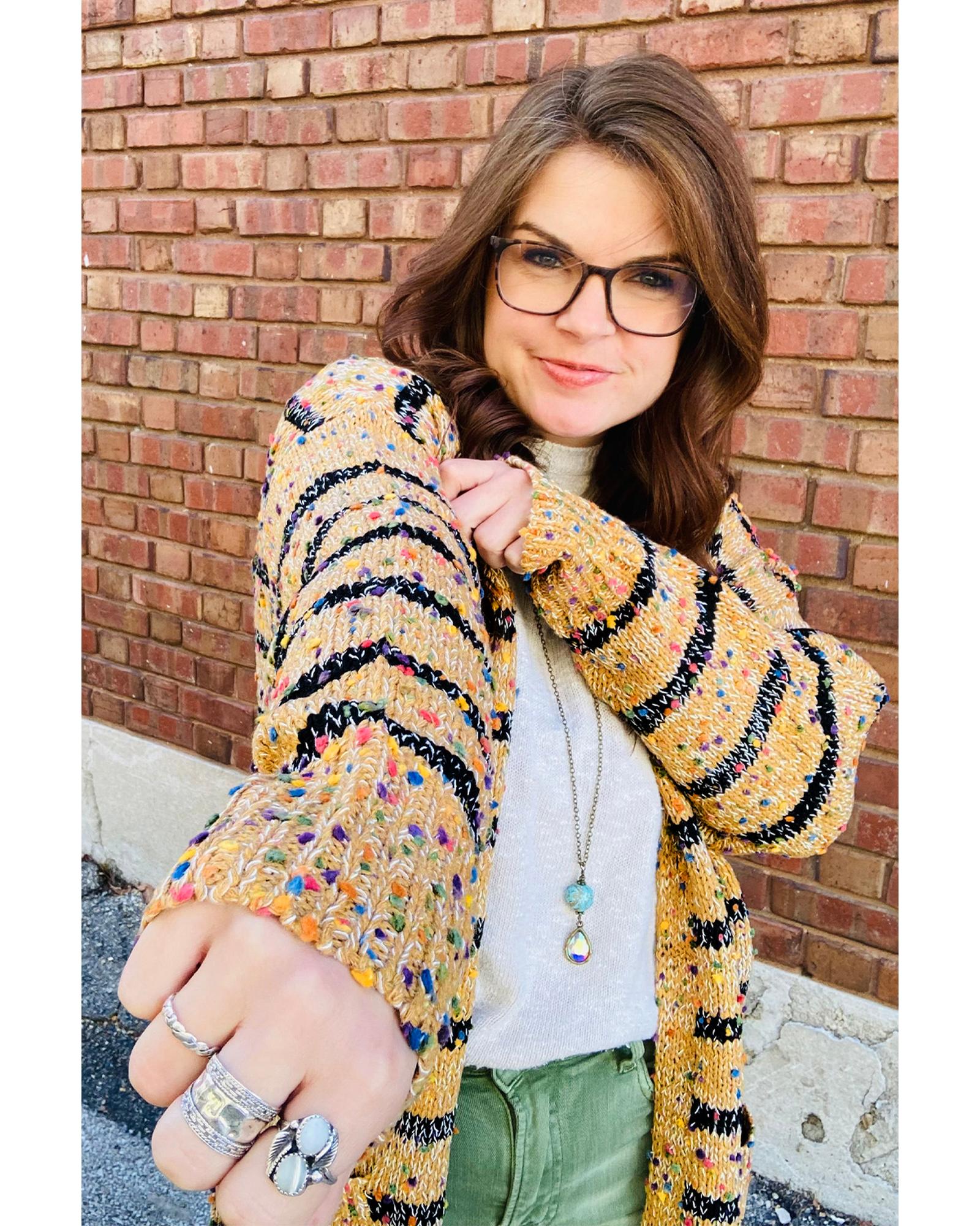 Beige Striped Pom Pom Knit Open Front Long Cardigan - M