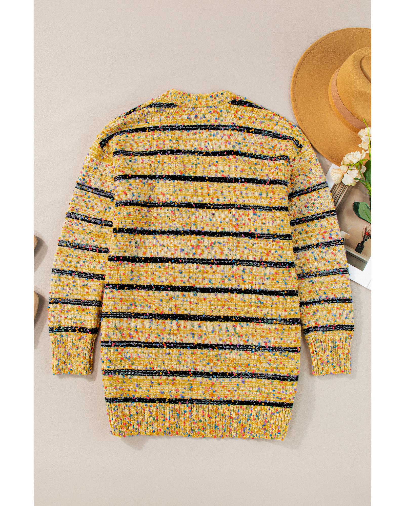 Beige Striped Pom Pom Knit Open Front Long Cardigan - M