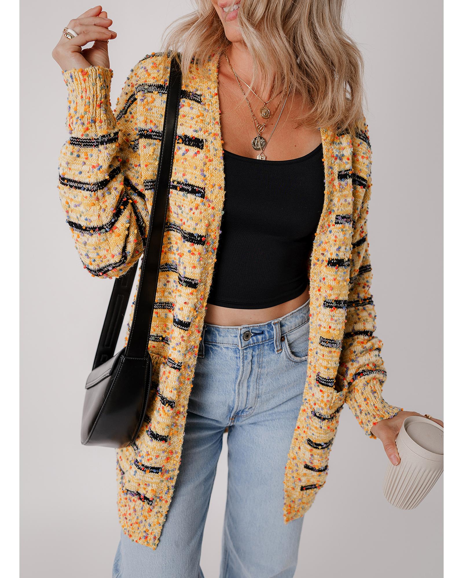 Beige Striped Pom Pom Knit Open Front Long Cardigan - M