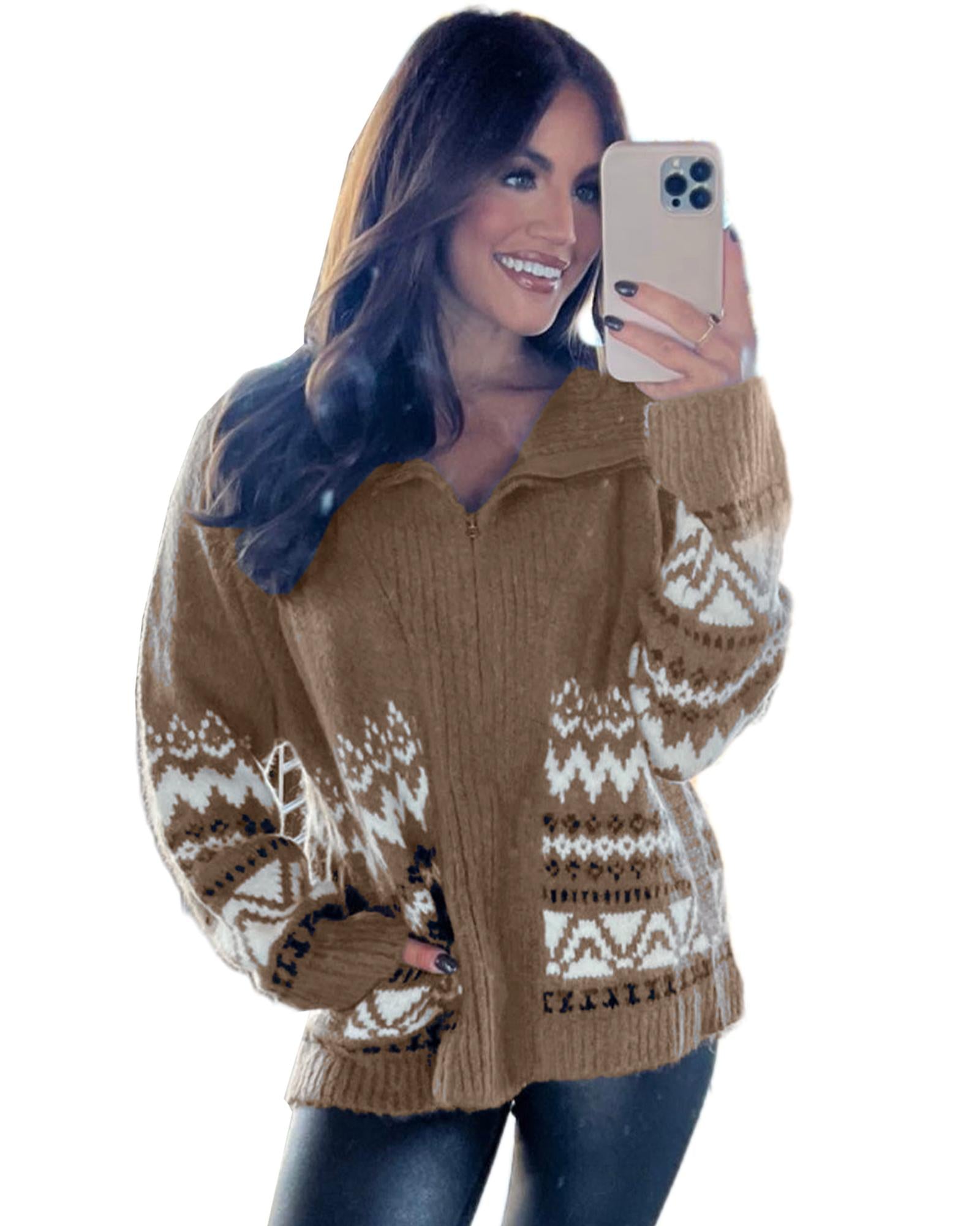 Brown Western Printed Ribbed Trim Collared Zip up Cardigan - L