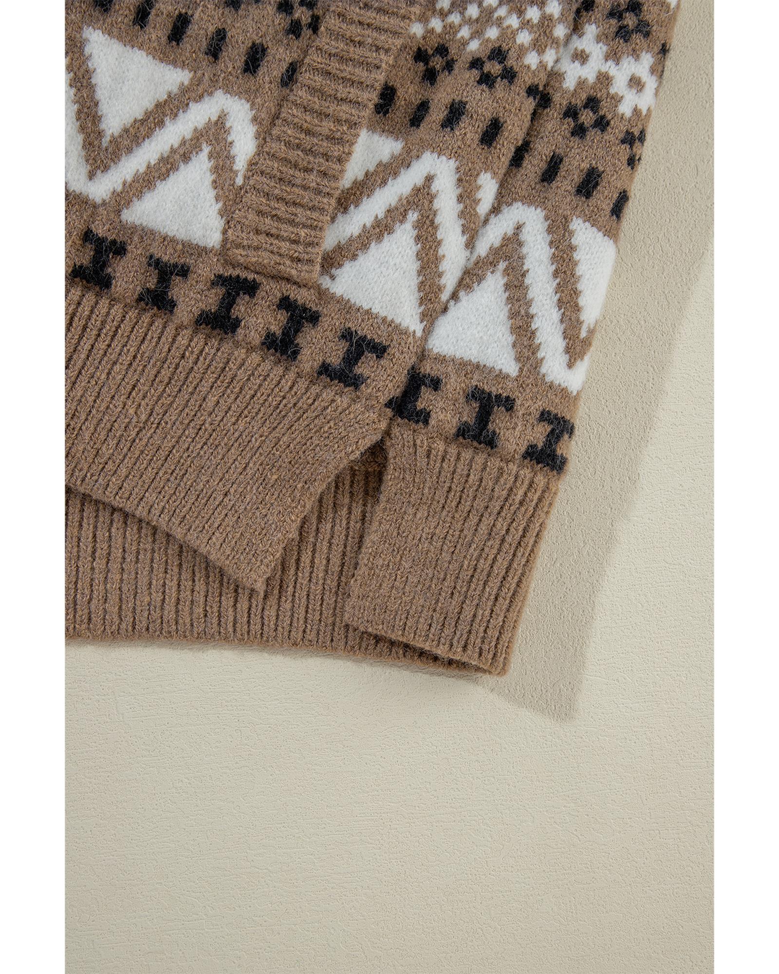Brown Western Printed Ribbed Trim Collared Zip up Cardigan - L