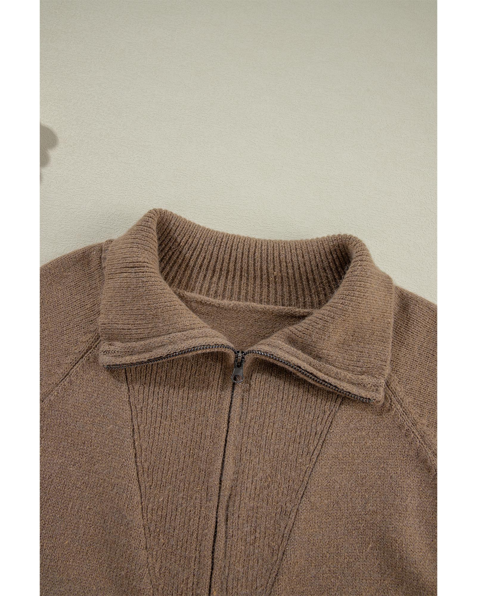 Brown Western Printed Ribbed Trim Collared Zip up Cardigan - L