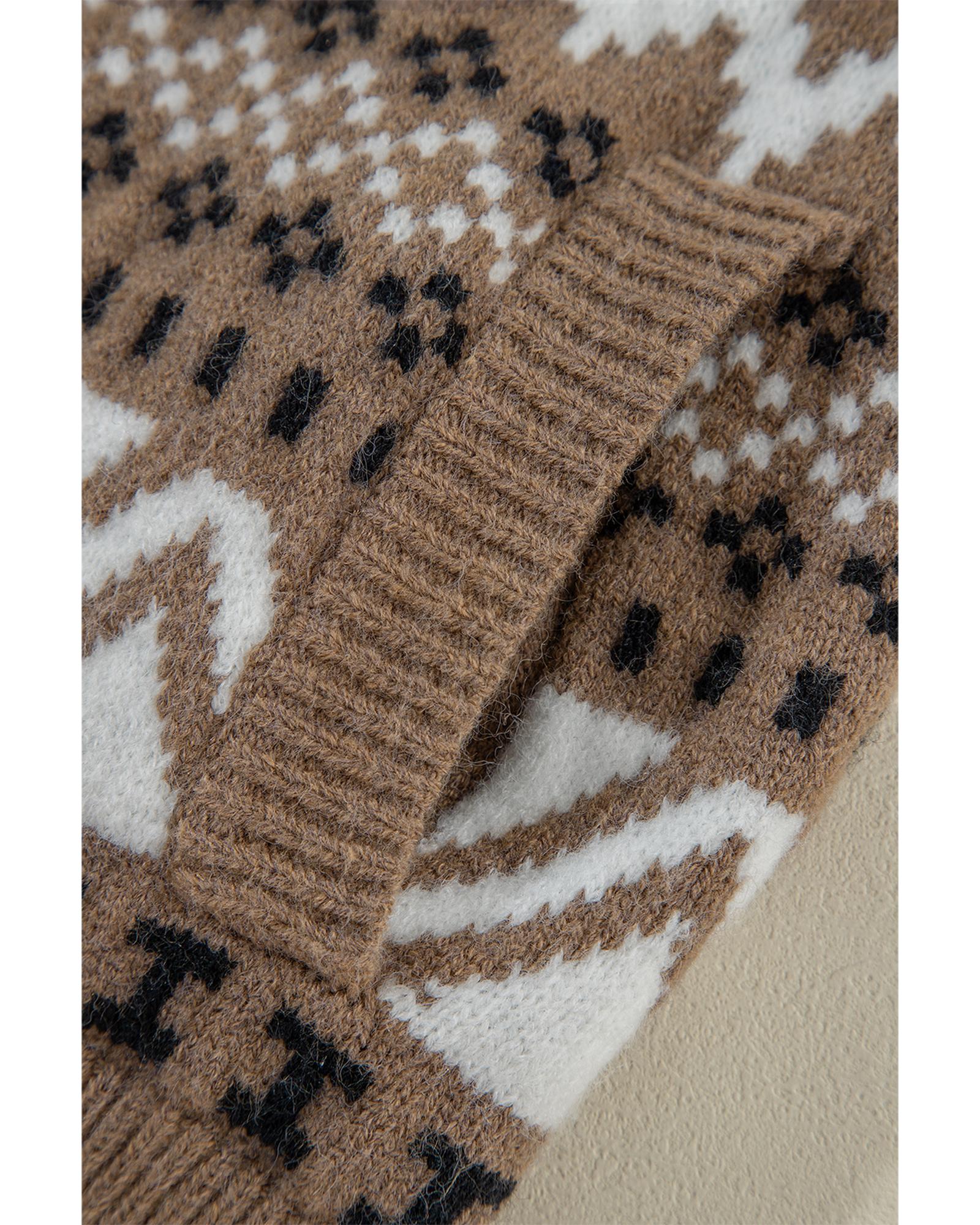 Brown Western Printed Ribbed Trim Collared Zip up Cardigan - L