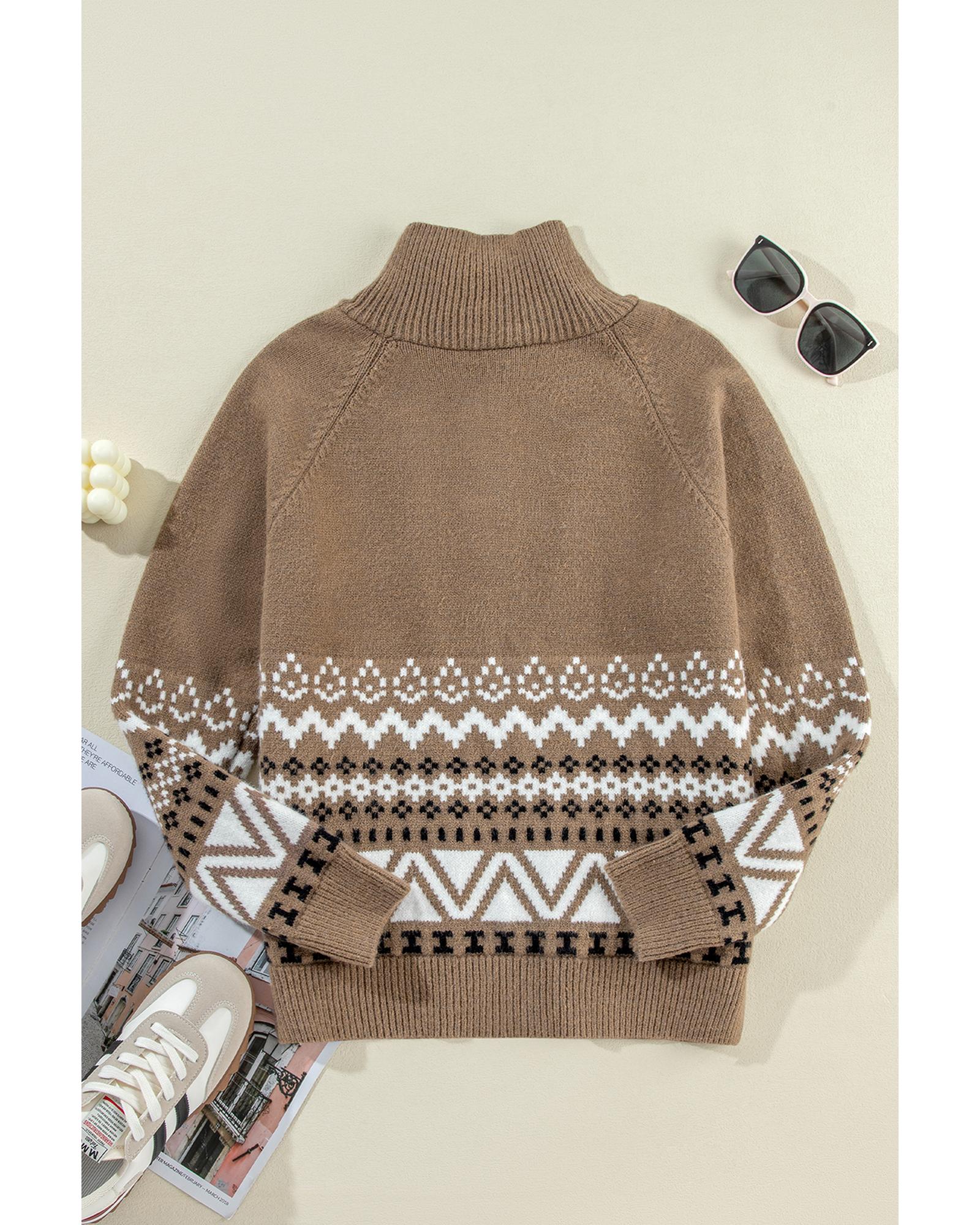 Brown Western Printed Ribbed Trim Collared Zip up Cardigan - M