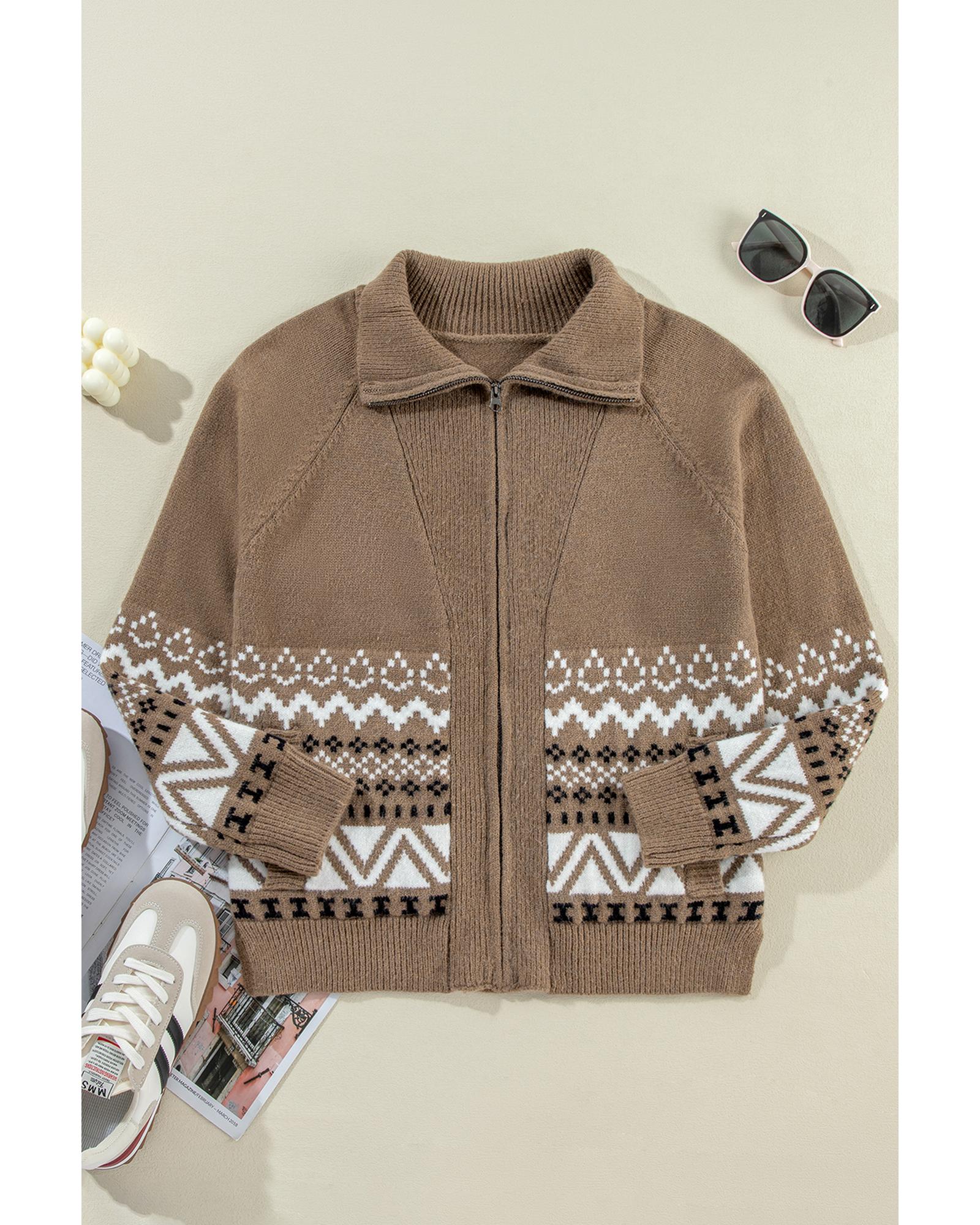 Brown Western Printed Ribbed Trim Collared Zip up Cardigan - S