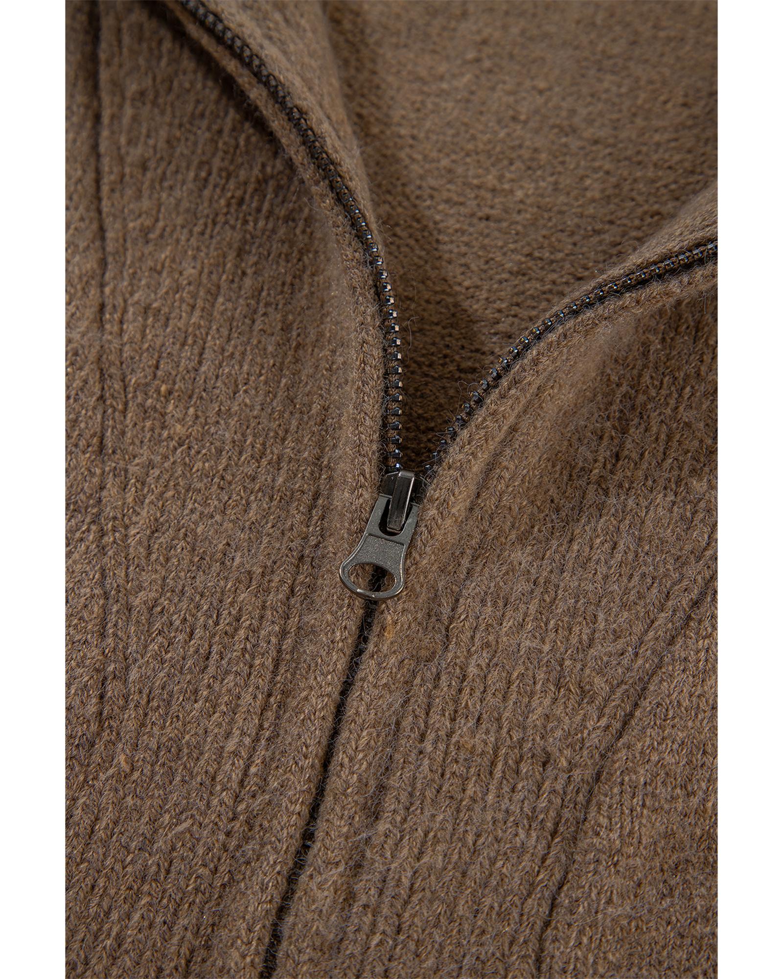 Brown Western Printed Ribbed Trim Collared Zip up Cardigan - S