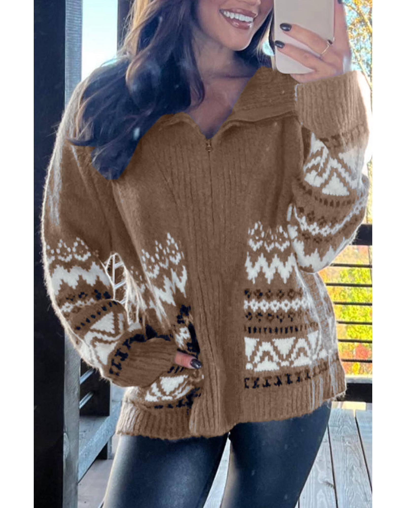 Brown Western Printed Ribbed Trim Collared Zip up Cardigan - XL