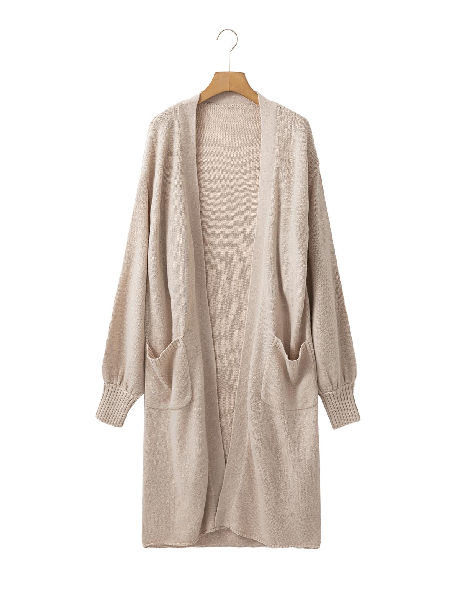 Beige Side Pockets Open Front Long Knitted Cardigan - S