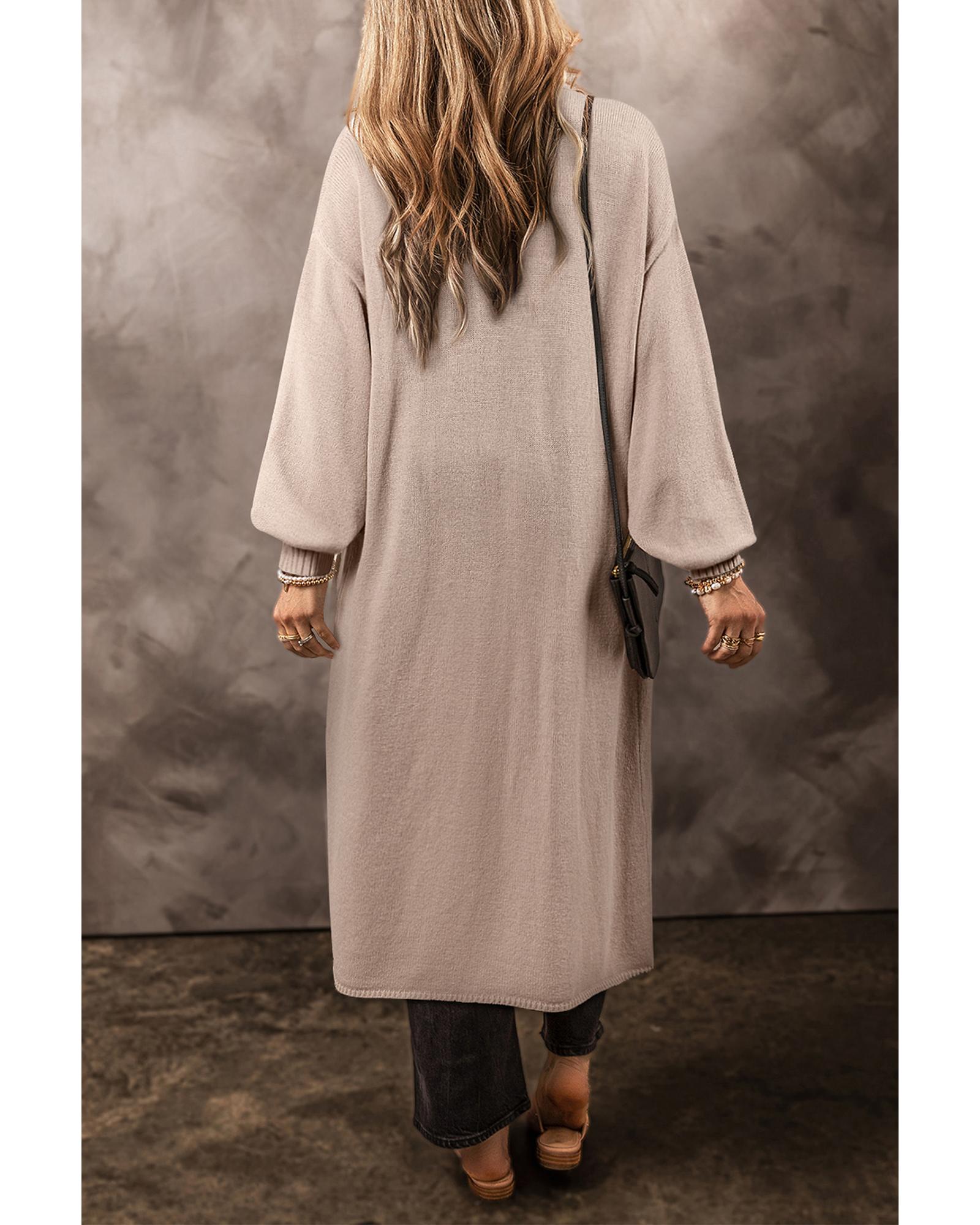 Beige Side Pockets Open Front Long Knitted Cardigan - S
