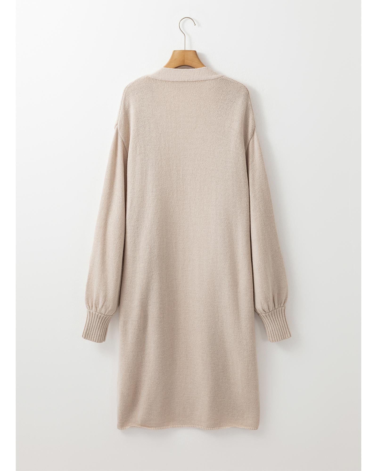 Beige Side Pockets Open Front Long Knitted Cardigan - S
