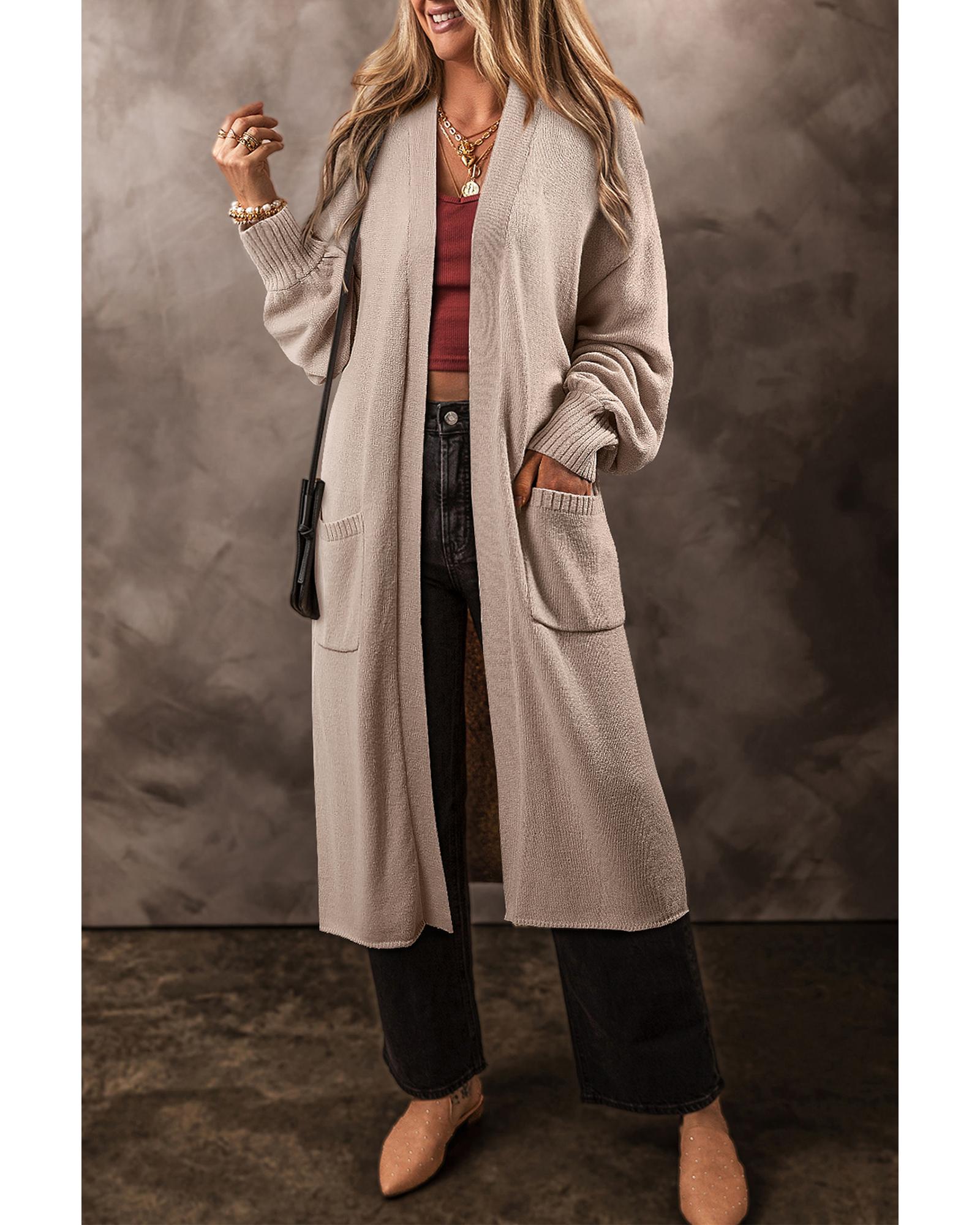 Beige Side Pockets Open Front Long Knitted Cardigan - S