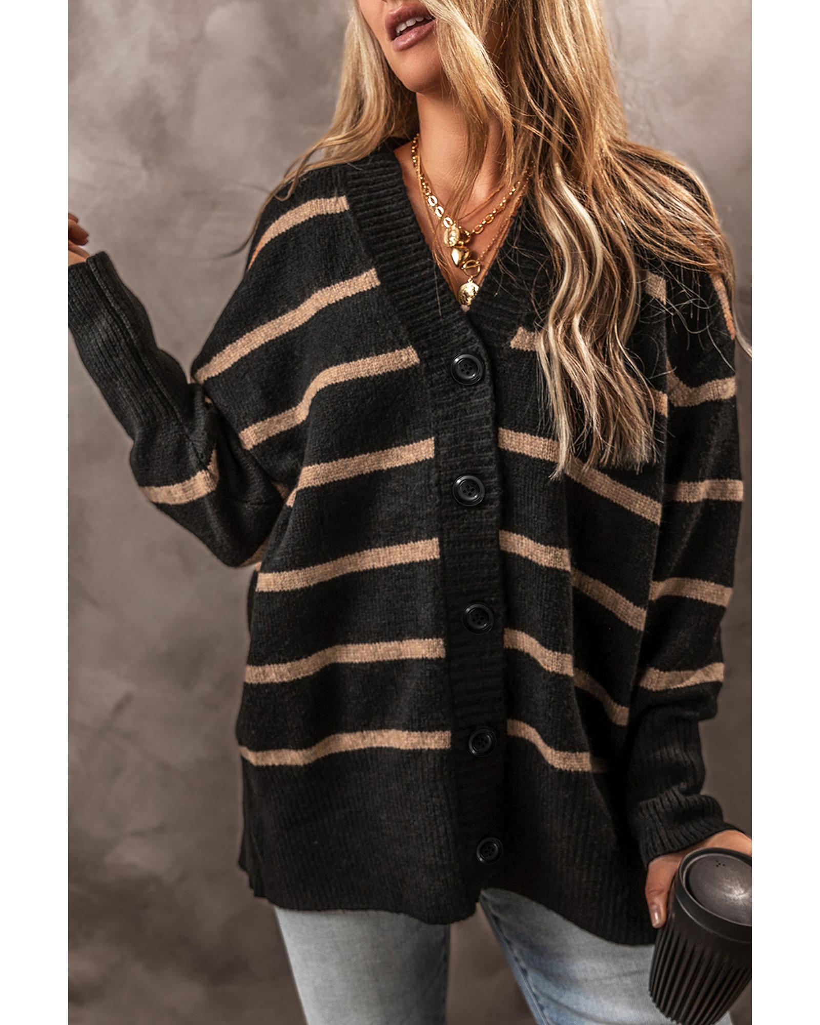 Black Stripe Buttoned V Neck Drop Shoulder Loose Cardigan - 2XL