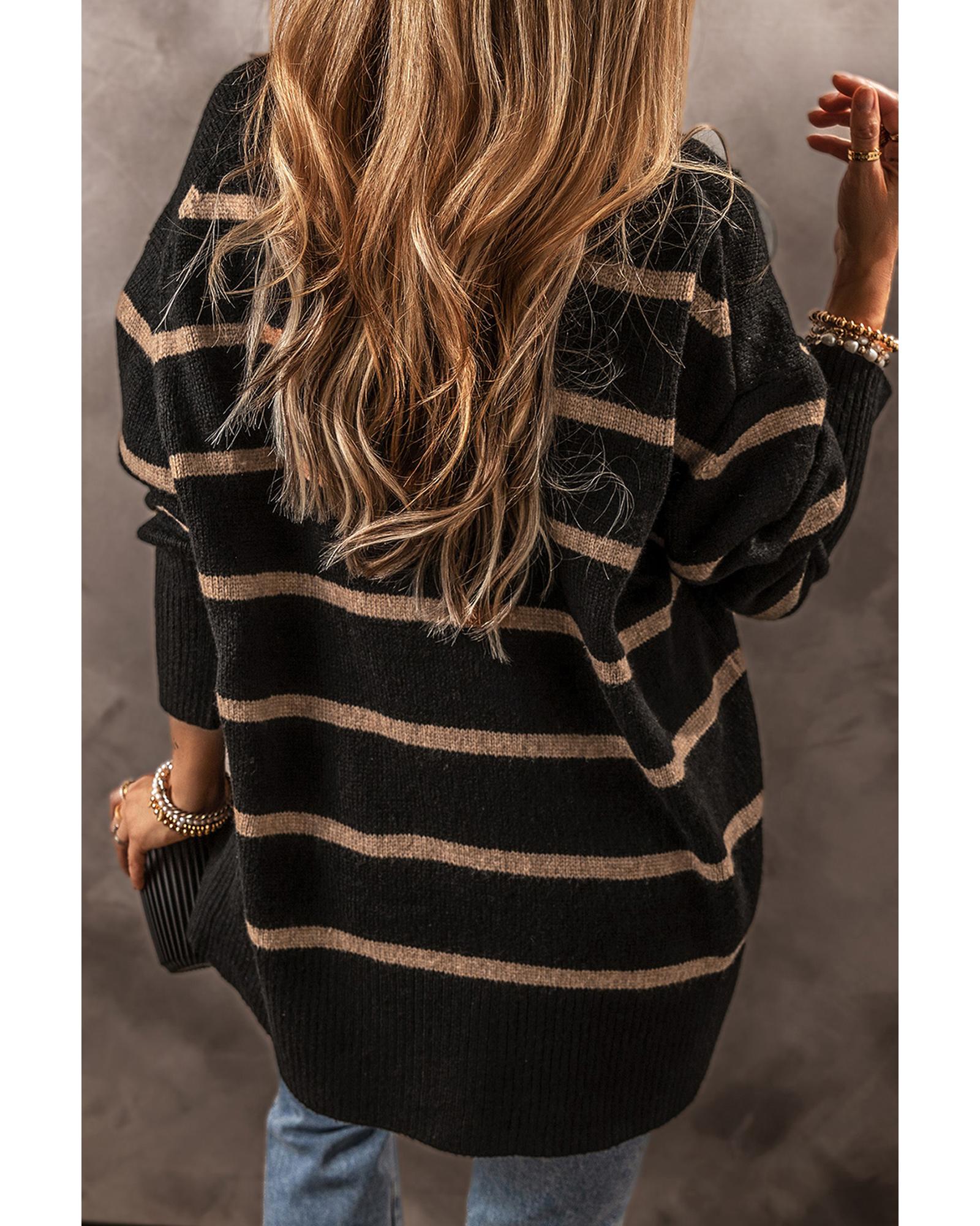 Black Stripe Buttoned V Neck Drop Shoulder Loose Cardigan - 2XL