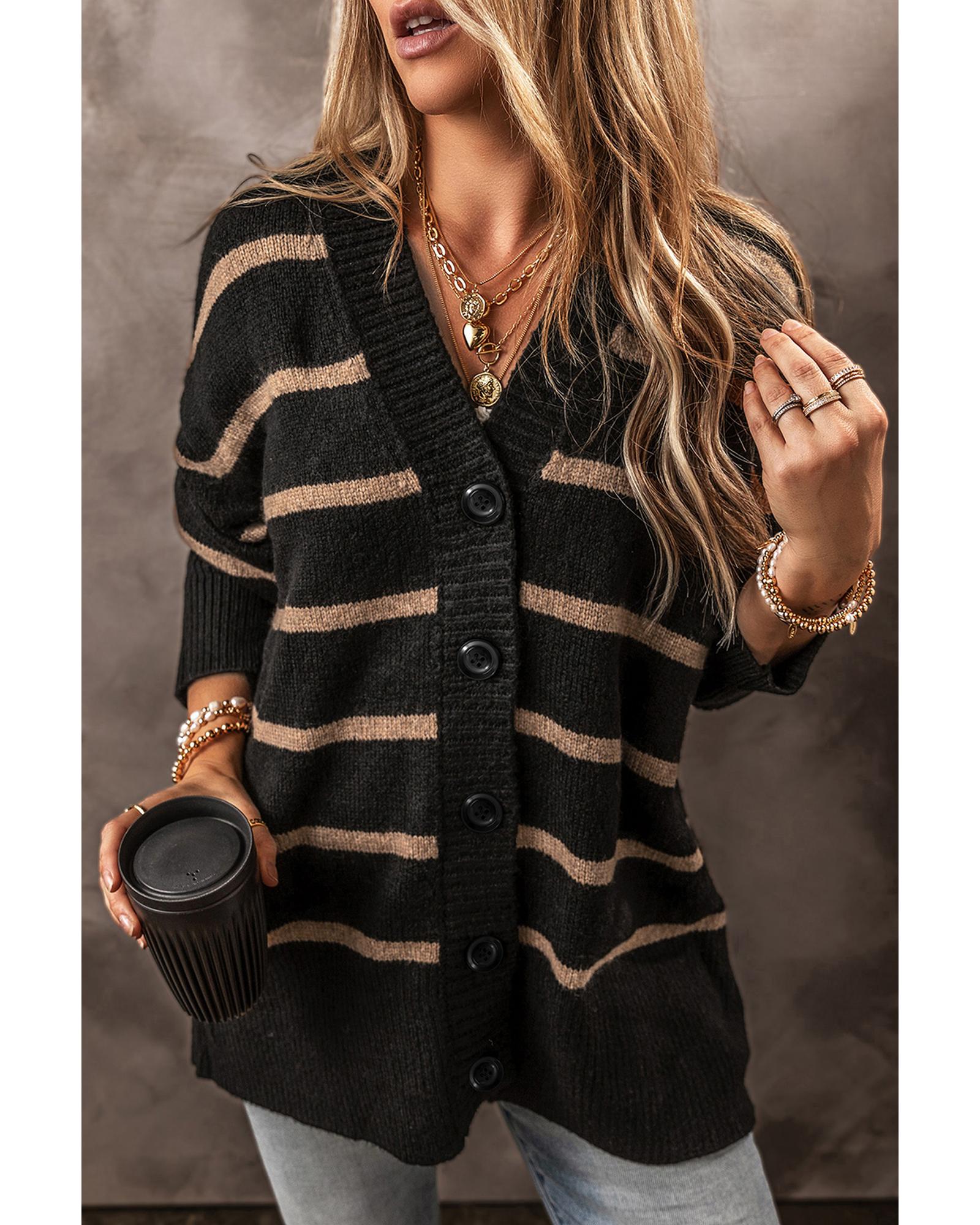 Black Stripe Buttoned V Neck Drop Shoulder Loose Cardigan - 2XL