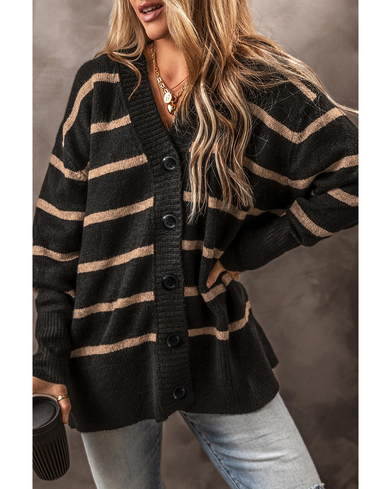Black Stripe Buttoned V Neck Drop Shoulder Loose Cardigan - 2XL