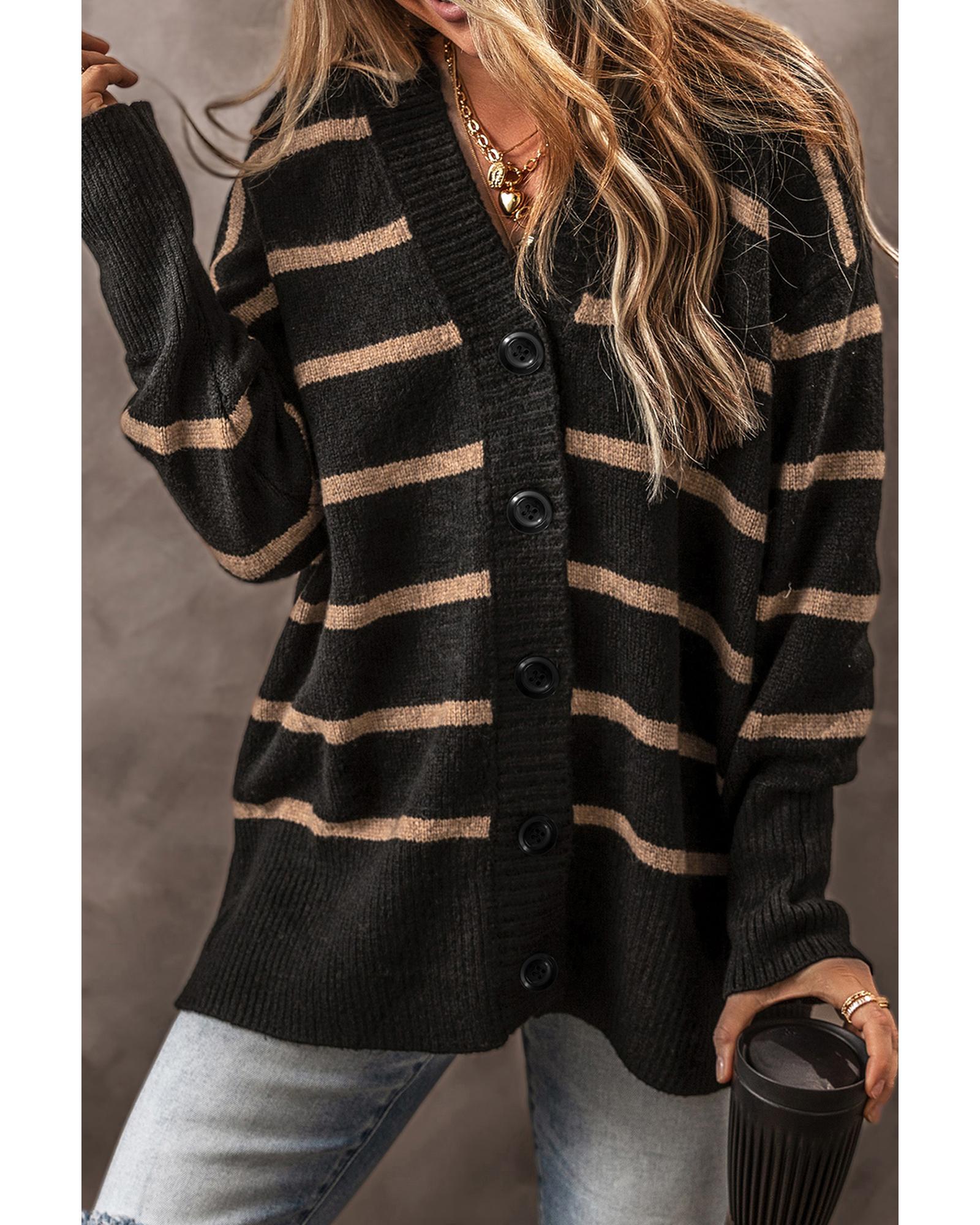 Black Stripe Buttoned V Neck Drop Shoulder Loose Cardigan - 2XL