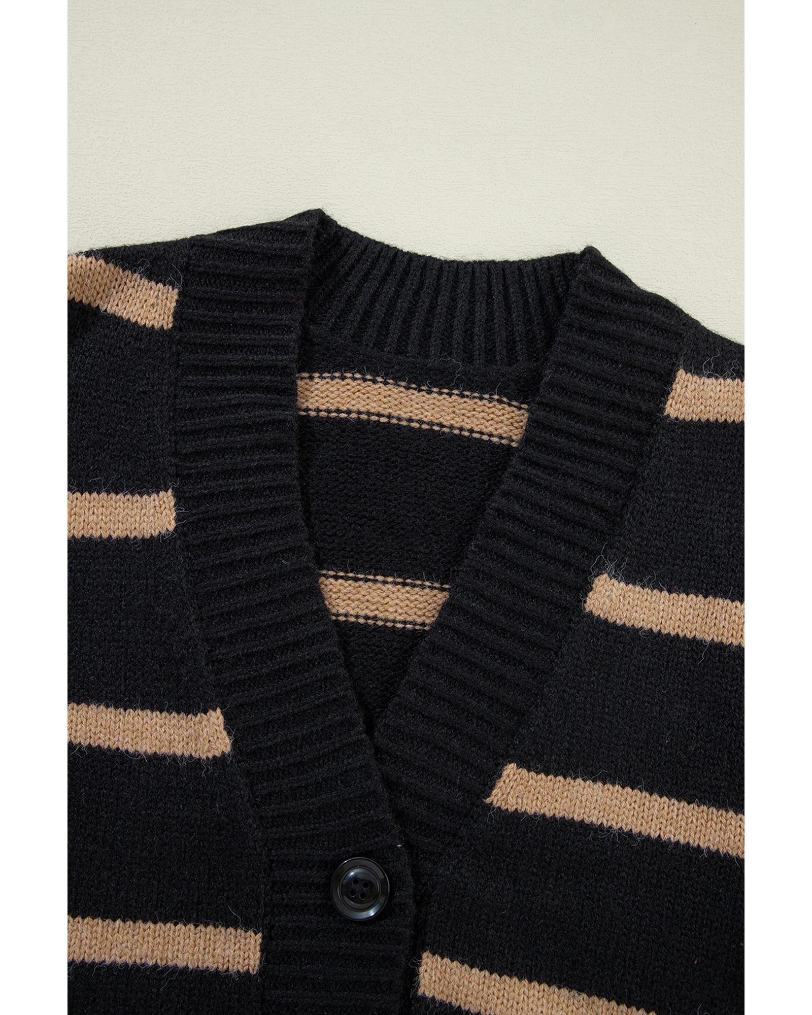 Black Stripe Buttoned V Neck Drop Shoulder Loose Cardigan - 2XL