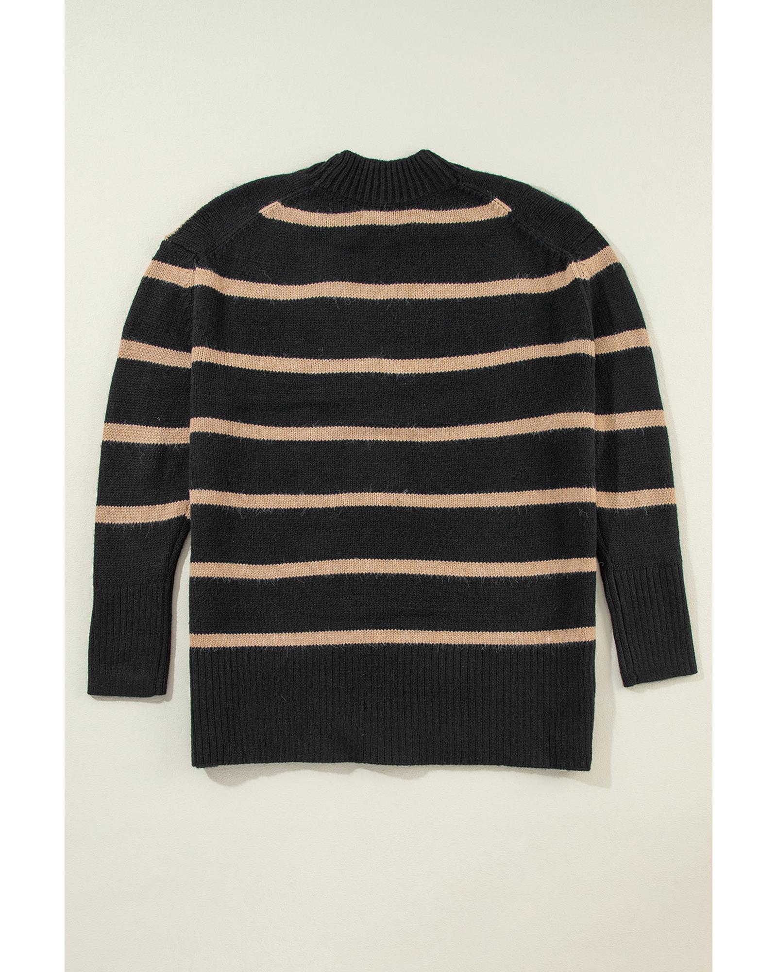 Black Stripe Buttoned V Neck Drop Shoulder Loose Cardigan - 2XL